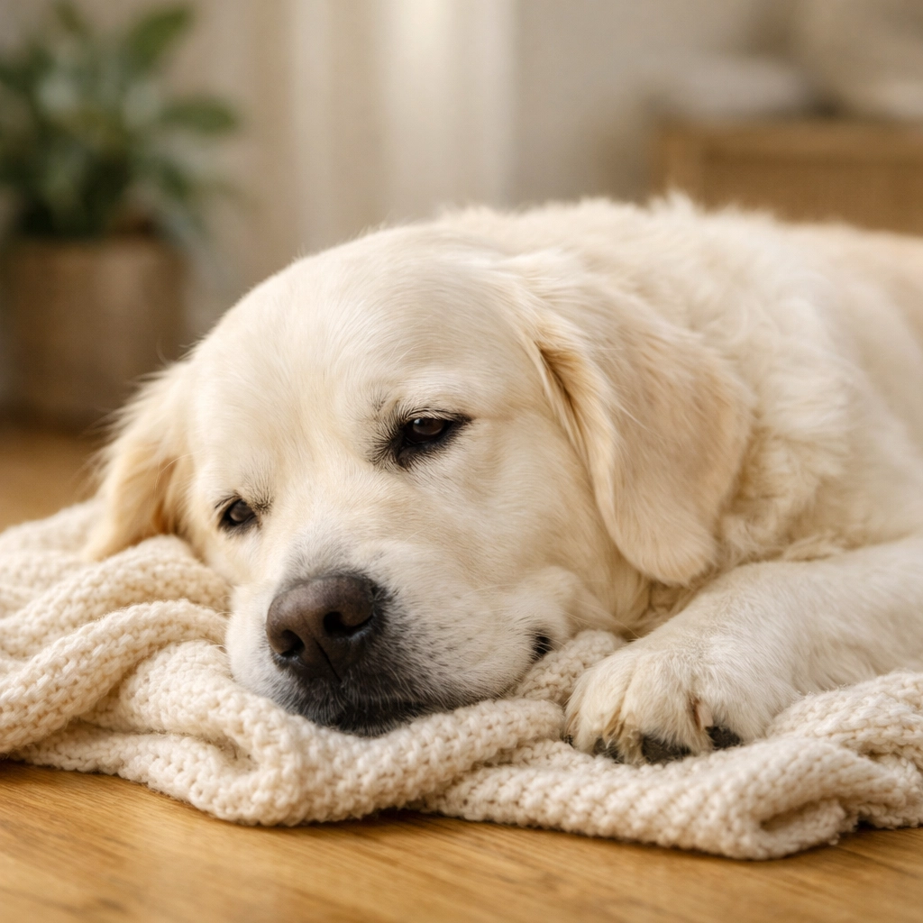 Calm English Cream Golden Retriever resting on a soft blanket, illustrating a relaxed indoor temperament.
