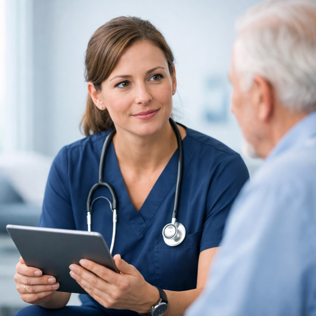 Nurse practitioner using a tablet to document a patient visit with real-time clinical decision support.