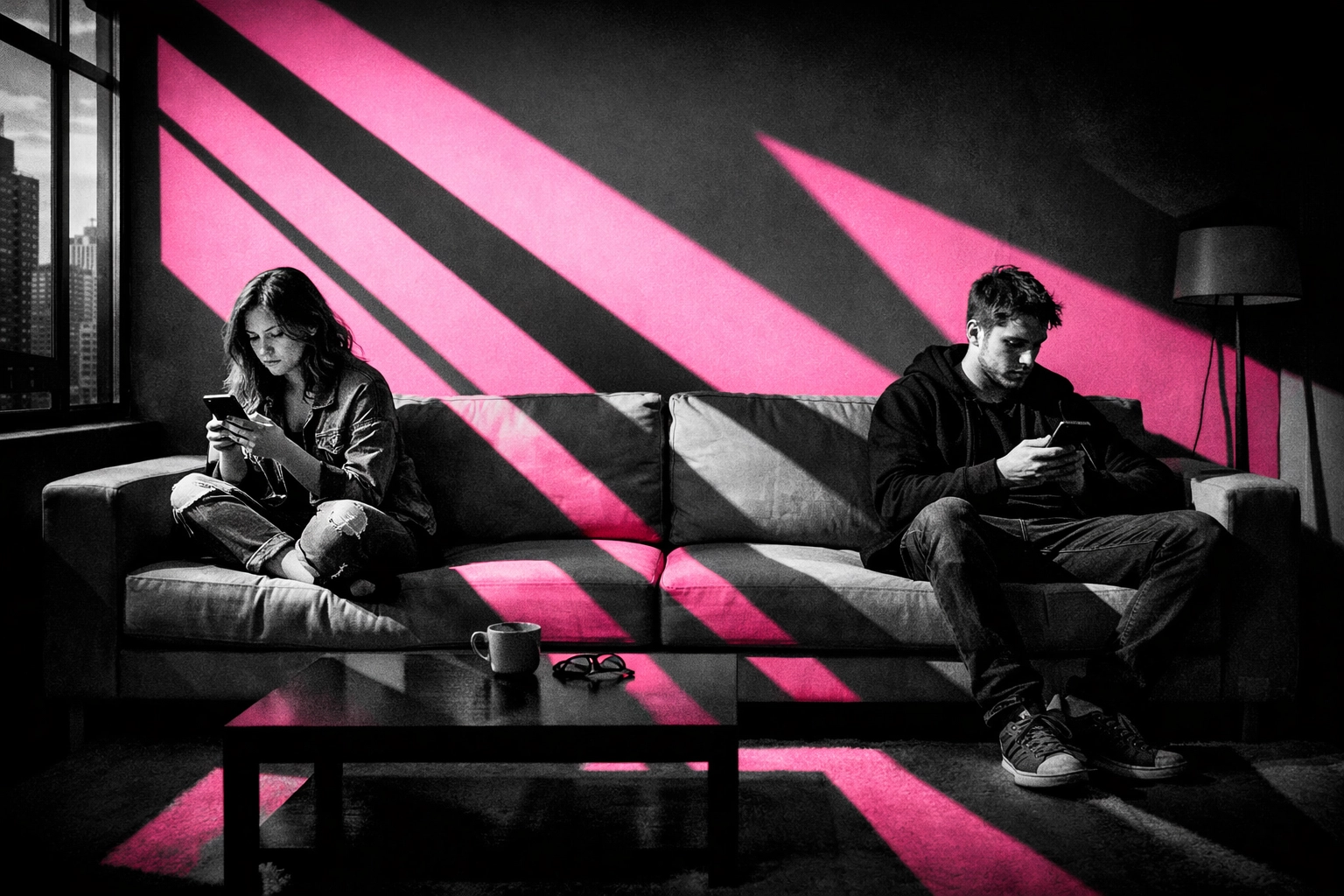 Urban couple distracted by phones sitting apart on couch illustrating modern relationship challenges