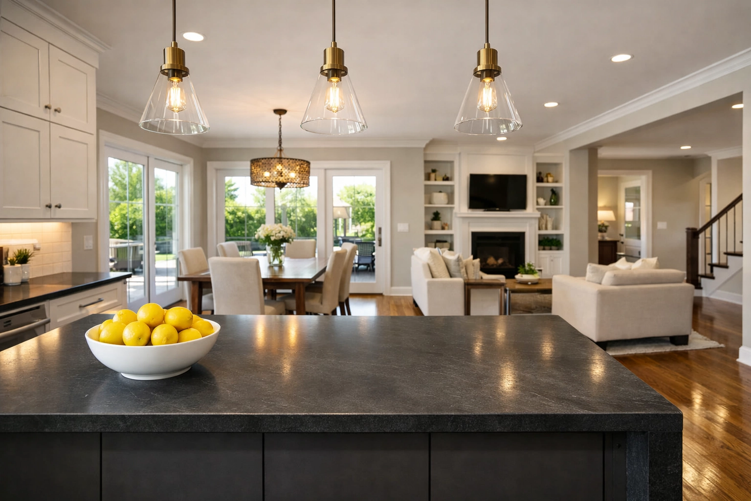 Modern open-concept kitchen with a charcoal island and waterfall edge in a Central Ohio home.