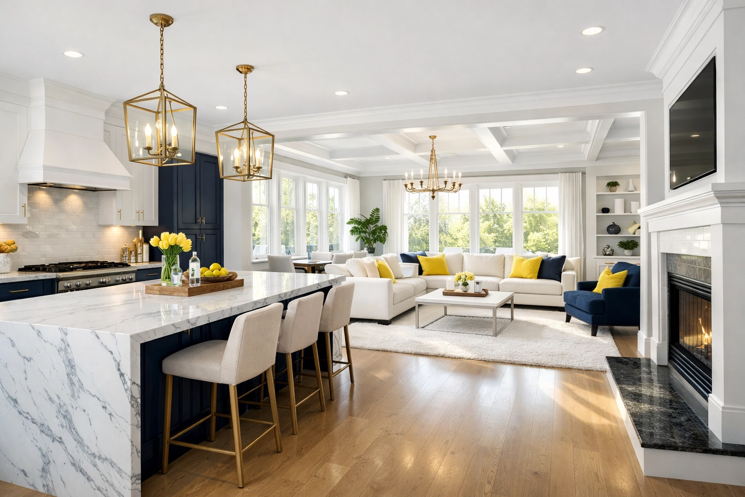 Spotless open-concept living area and kitchen reflecting successful weekly house cleaning Pepperell.