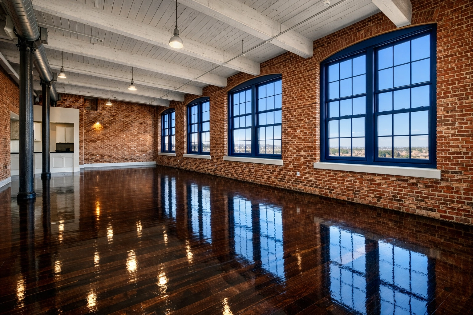 Empty luxury Lowell loft with clean brick walls and polished floors ready for move-in/move-out cleaning.