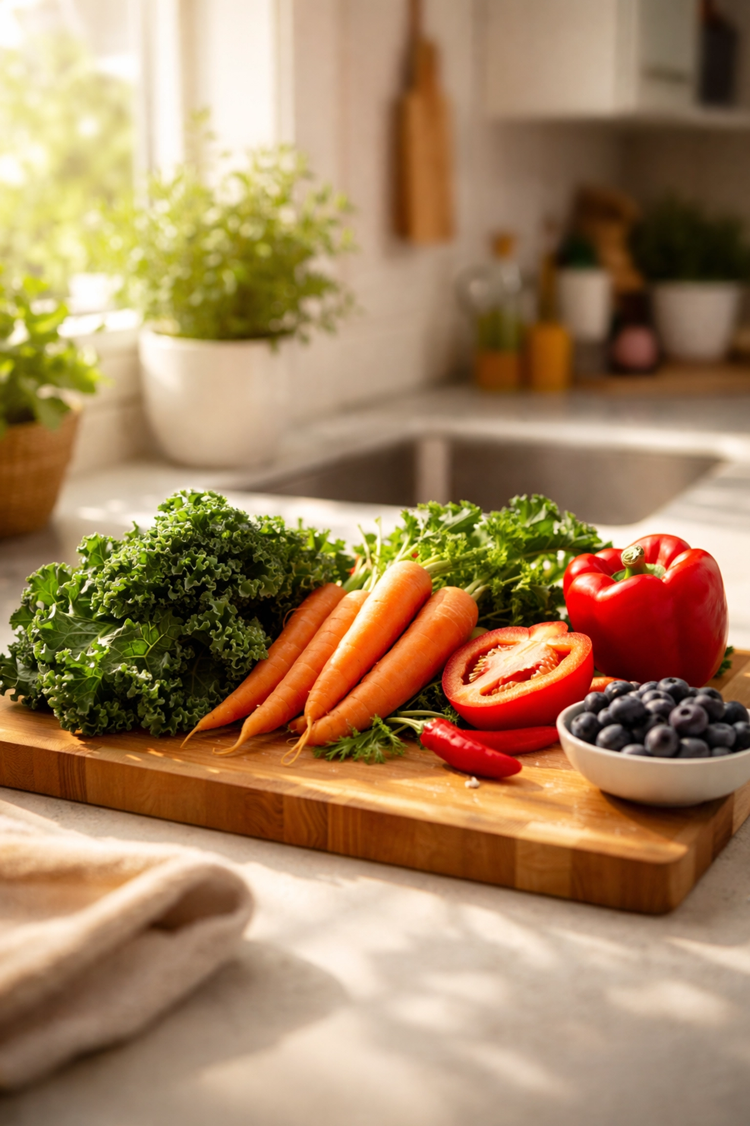Family kitchen with a cutting board displaying fresh vegetables, highlighting nutrition for family health