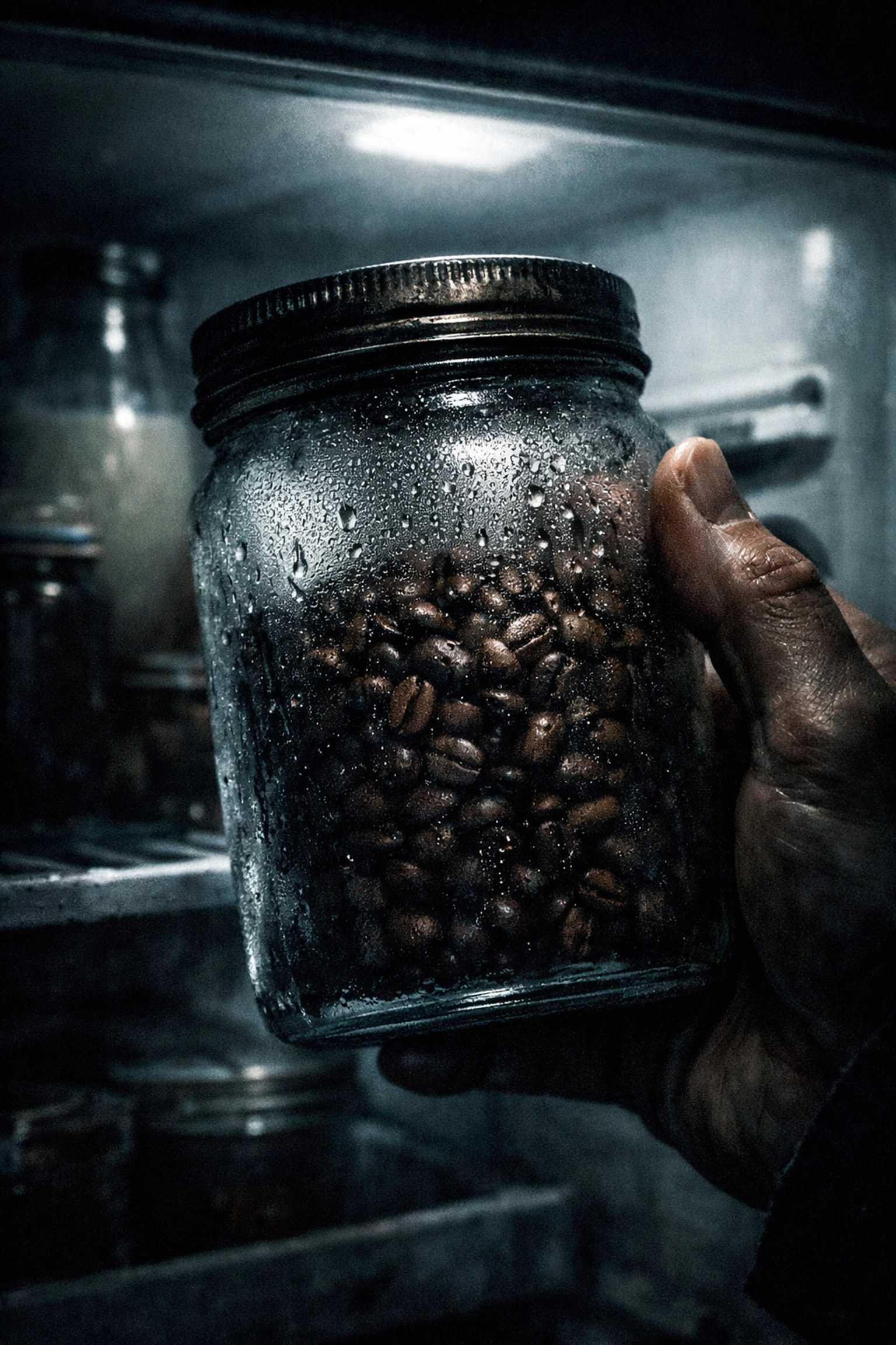 Condensation forming on coffee jar removed from refrigerator showing moisture damage risk
