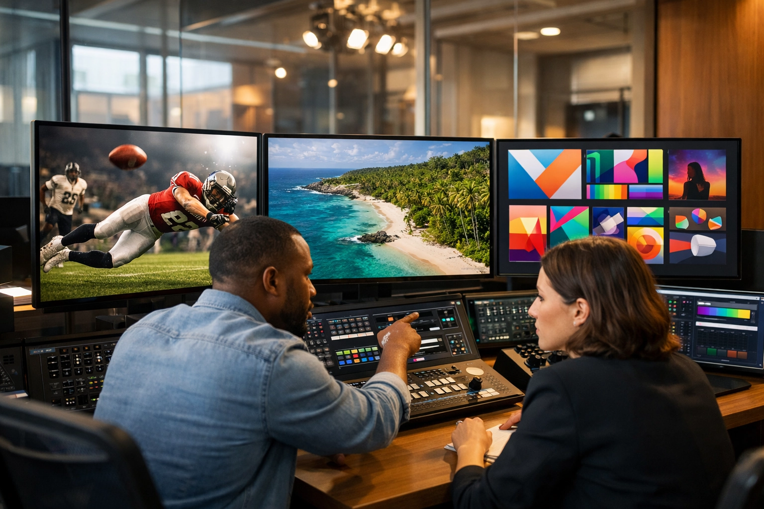 Creative team using innovative digital media tools to manage multi-sector assets in a modern control room.