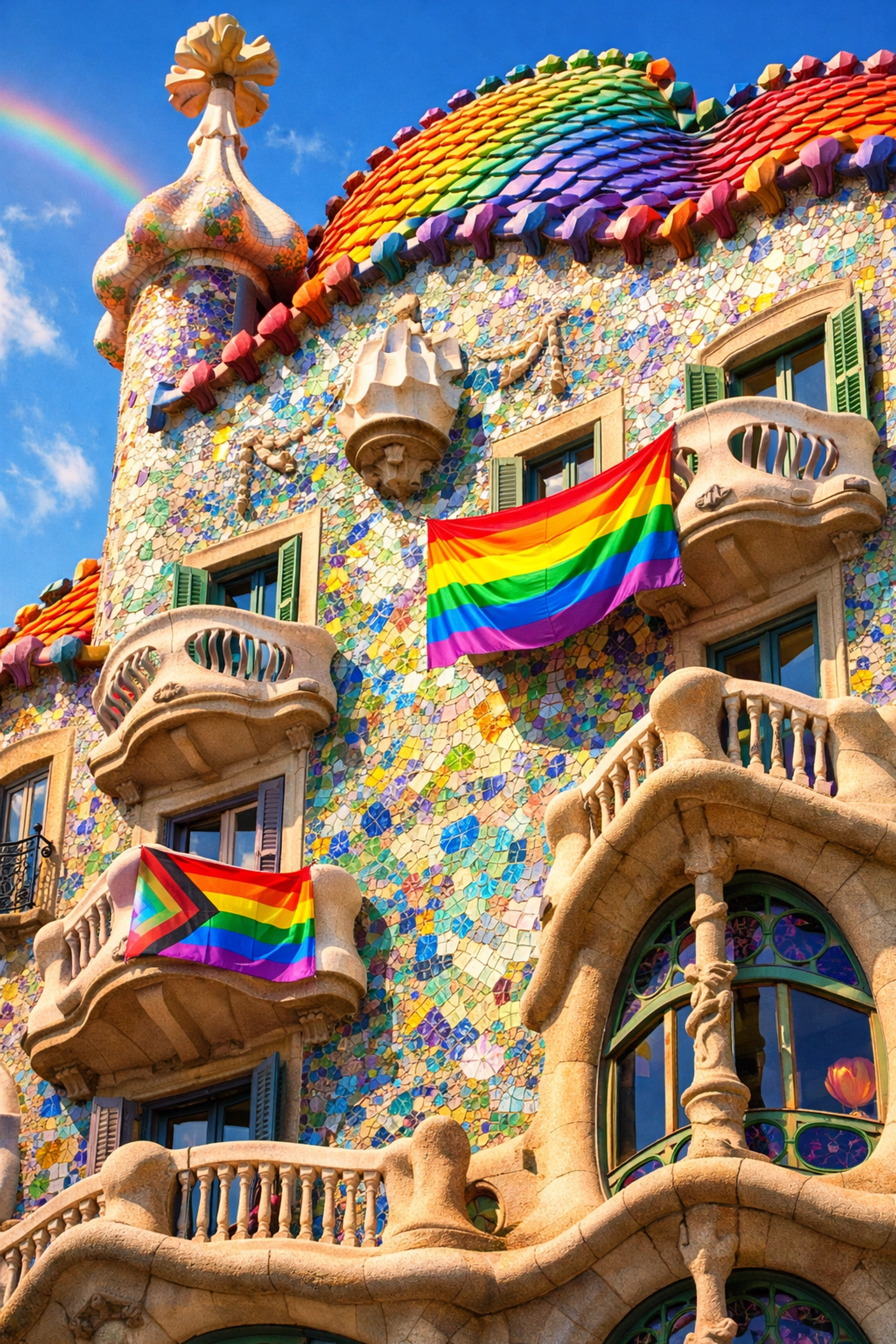 Casa Batlló colorful facade by Gaudí in Barcelona with mosaic tiles and balconies