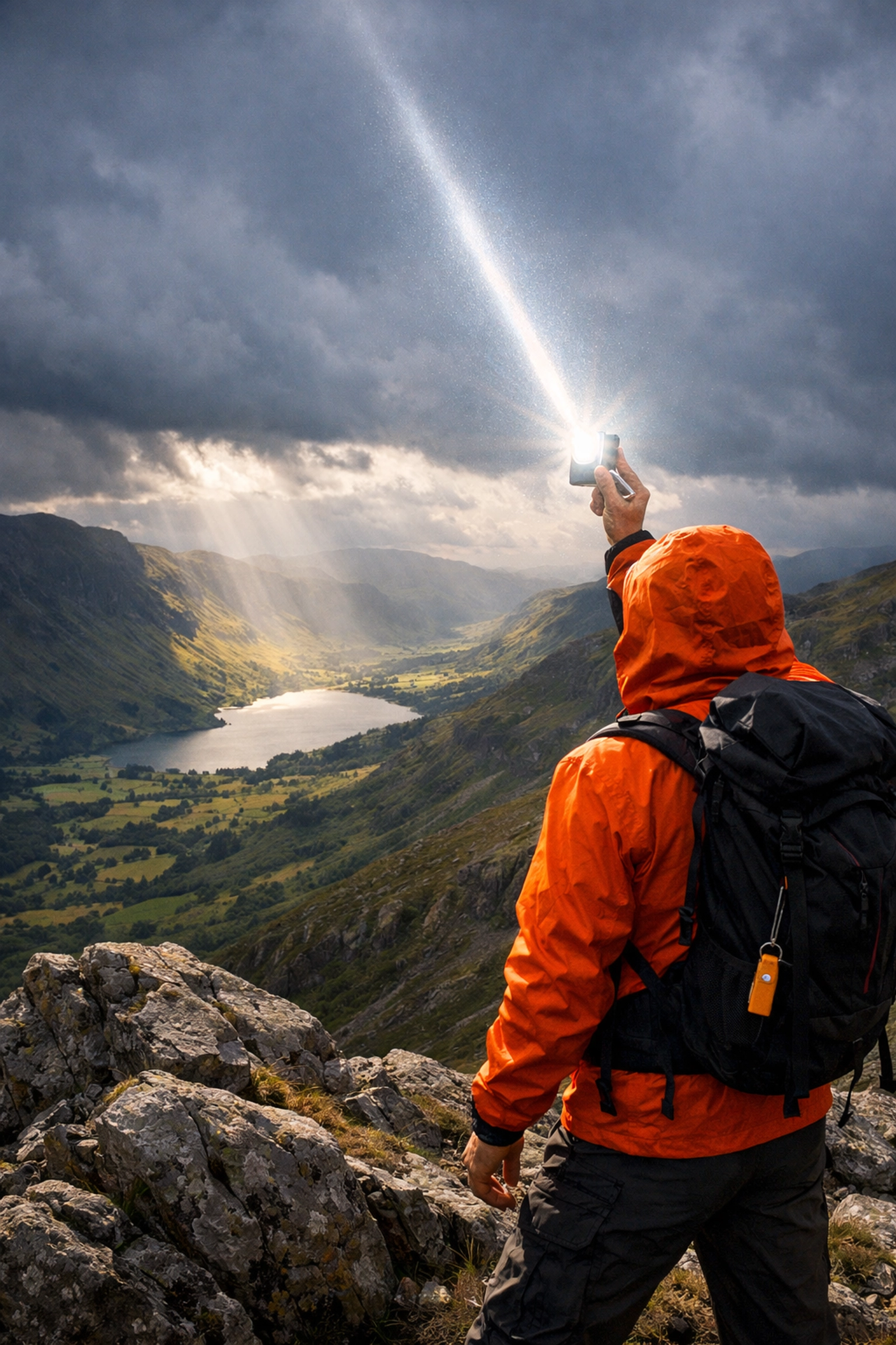 Hiker using emergency signal mirror on Lake District mountain for wild camping rescue