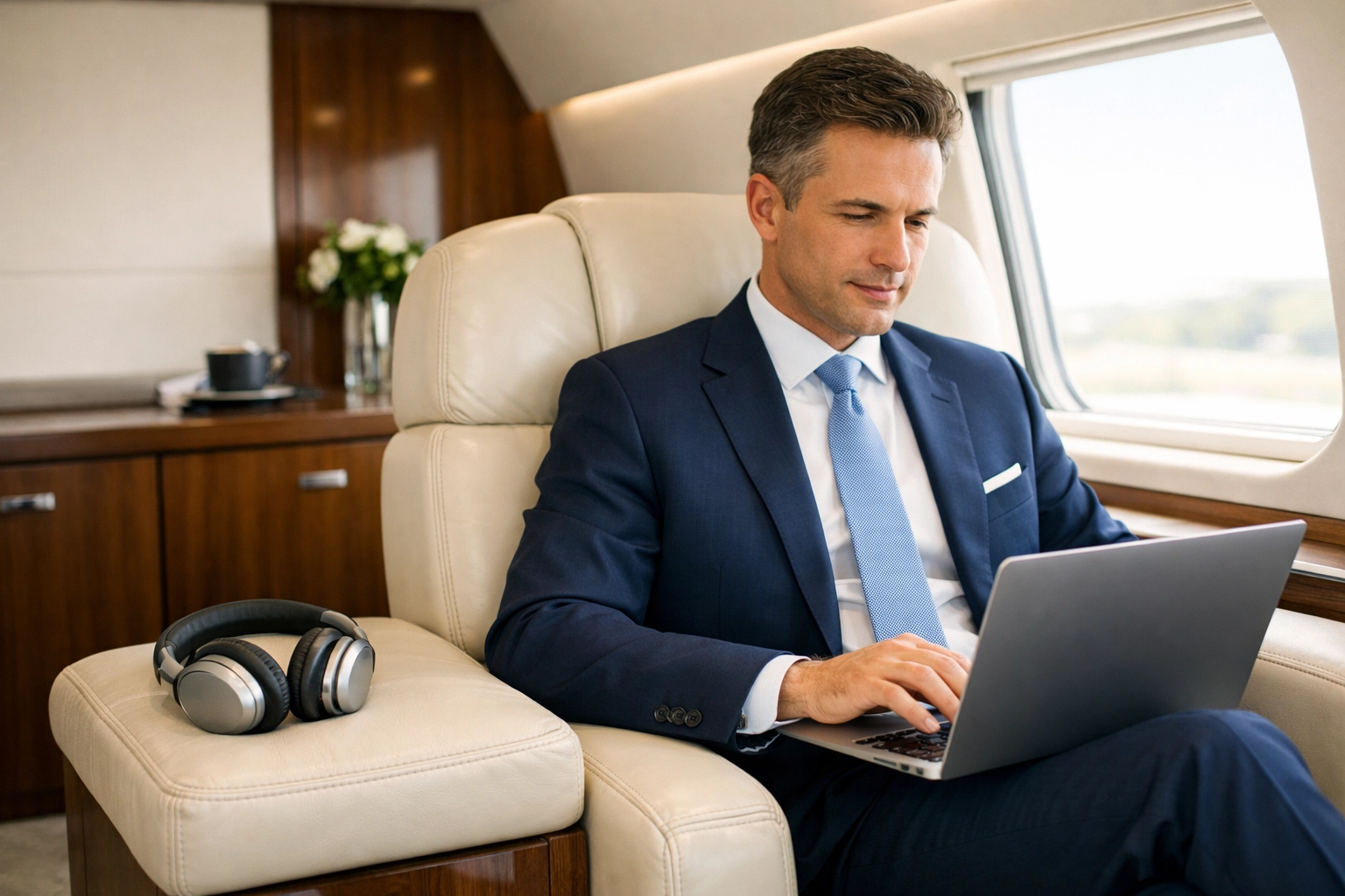 Corporate executive working in a quiet mobile office suite to maximize productivity during transit.