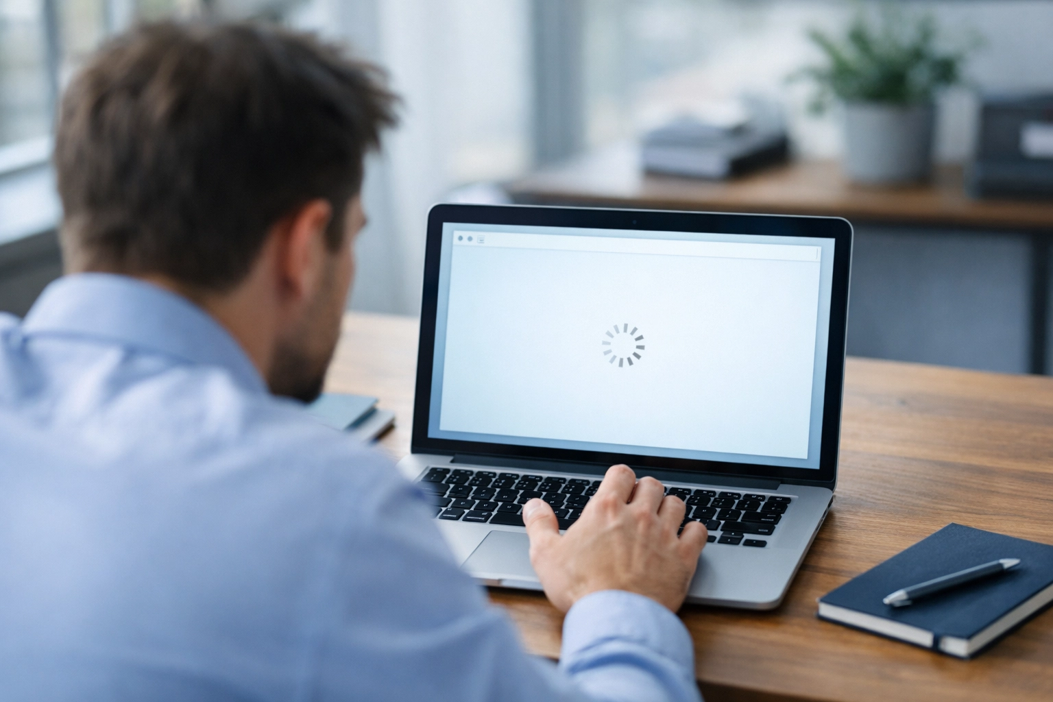 Office worker frustrated by Outlook not responding error on frozen laptop screen