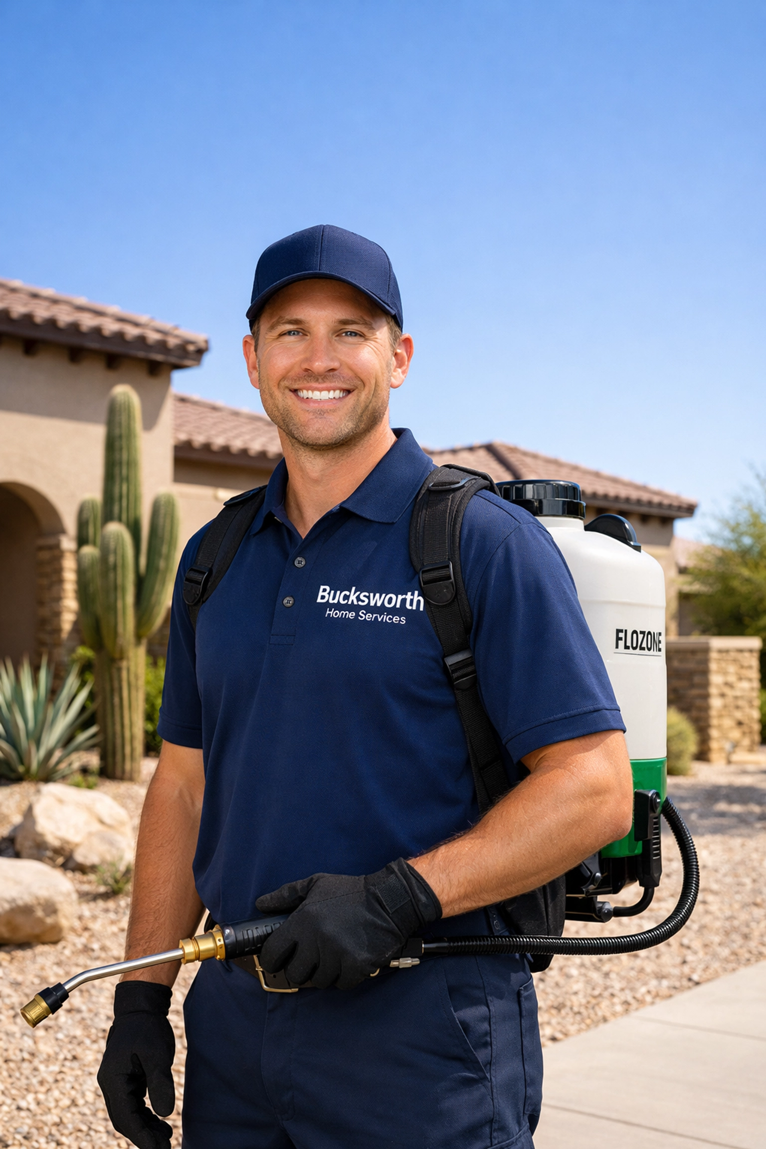 Bucksworth Home Services technician providing expert pest control in Litchfield Park AZ with a Flozone backpack.