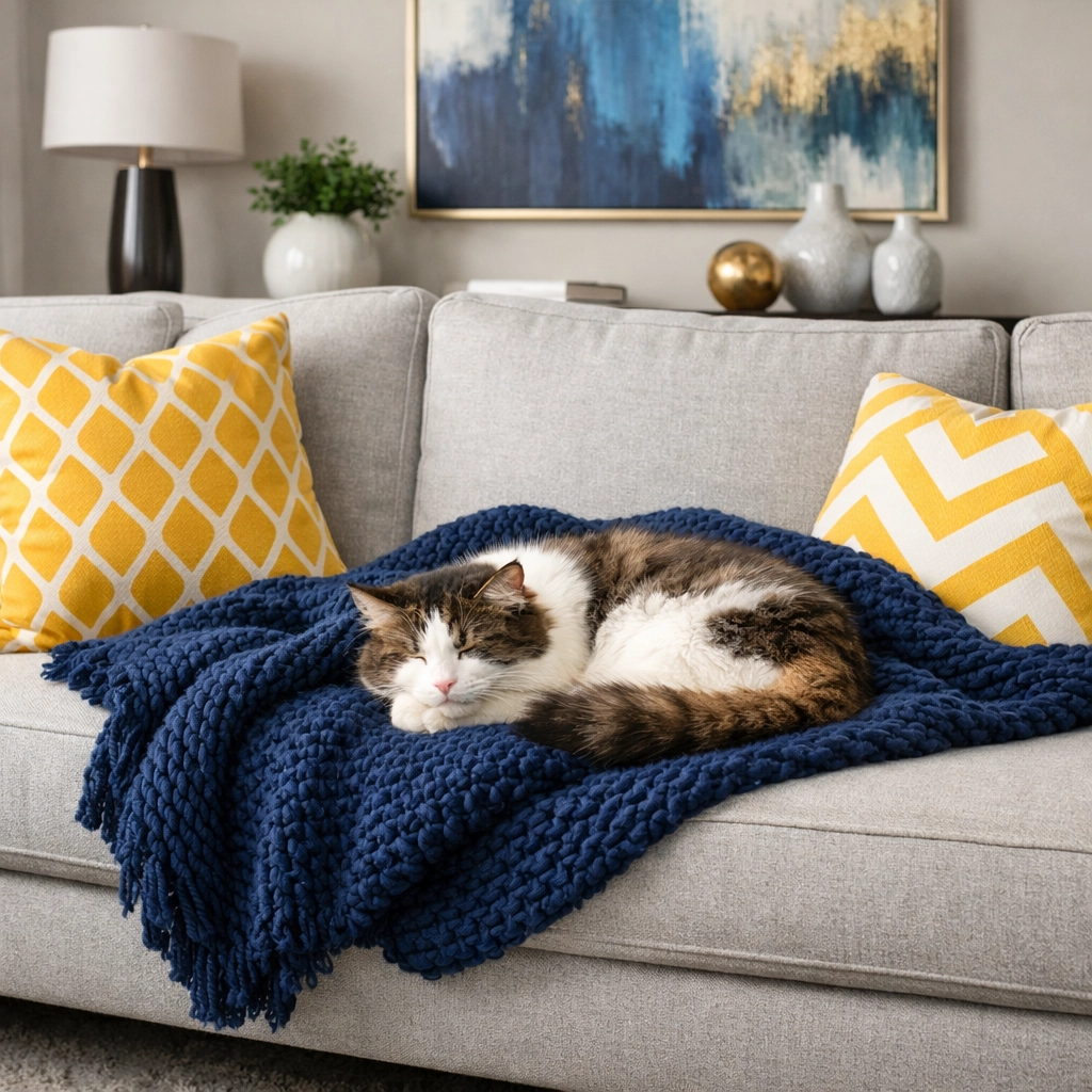 A cat sleeping on a sofa with a protective throw blanket in a clean, pet-friendly living room.