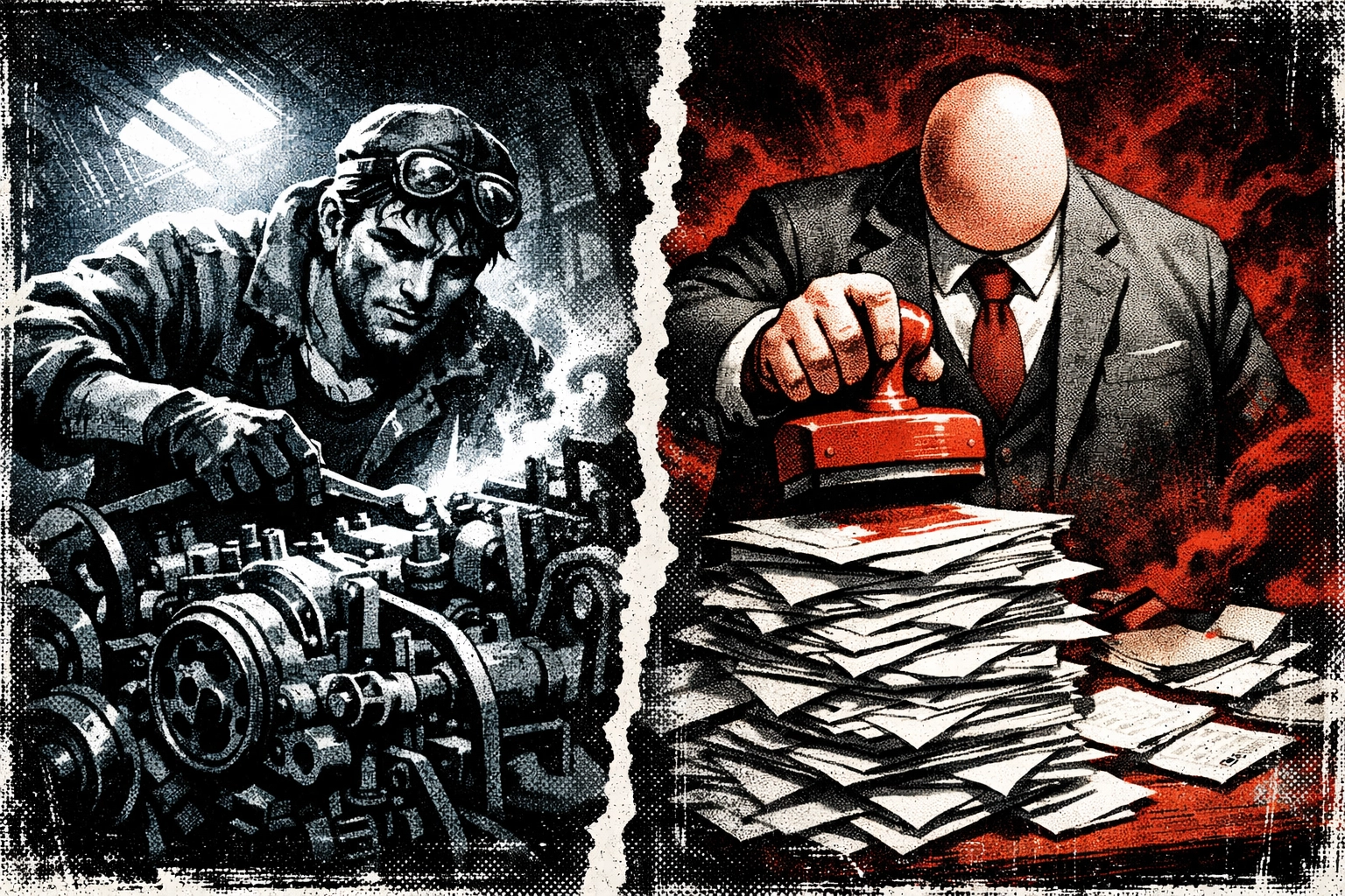 Dystopian split-screen showing a hardworking laborer versus a bloated government bureaucrat.
