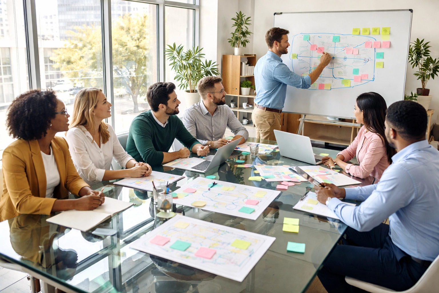 A diverse team collaborates on ServiceNow implementation strategy during a discovery workshop, emphasizing stakeholder engagement and consulting services.