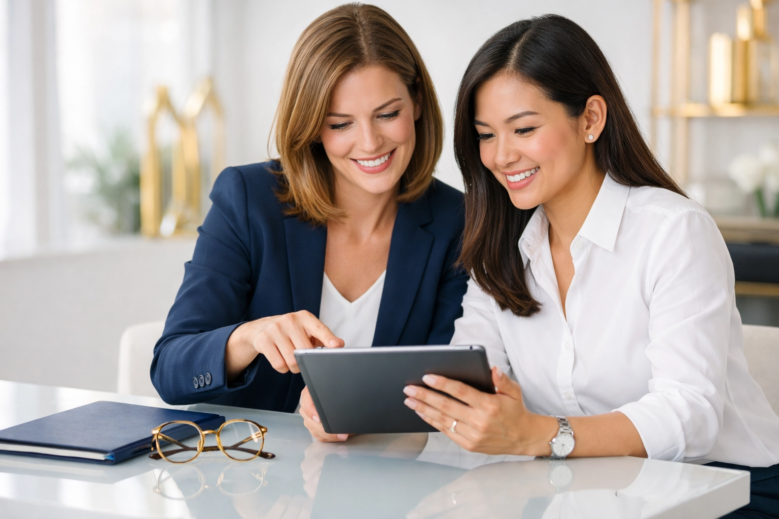 Business professionals collaborating on strategic advisory and financial planning in a bright office.