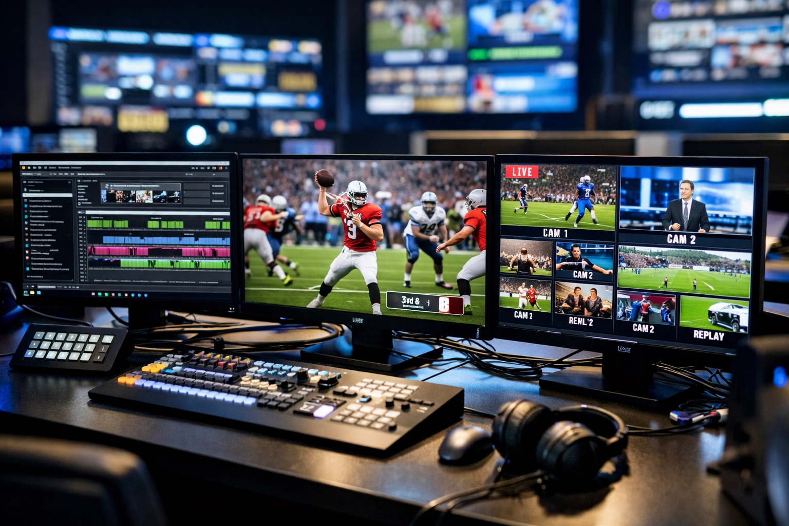 Modern media asset management control room with multiple monitors displaying sports content and video editing interfaces