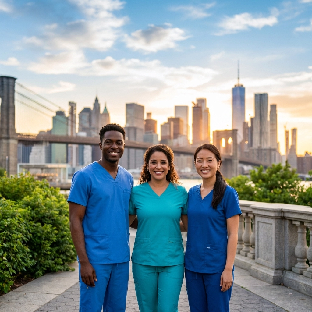 Diverse group of travel nurses in scrubs smiling outdoors with a cityscape, highlighting top demand locations for travel nurses.