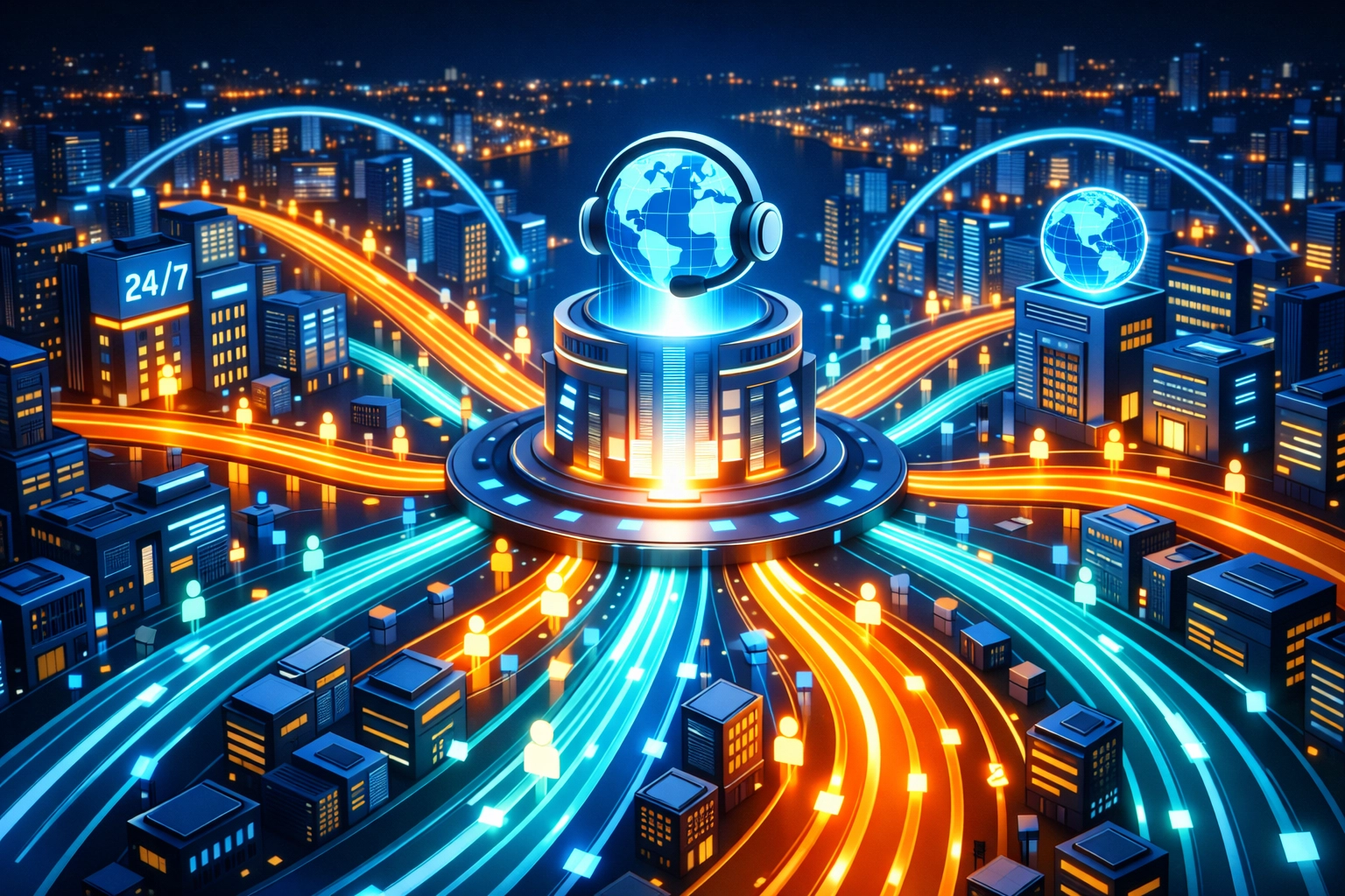 Global data streams flowing into a central hub, representing scalable AI helpdesk software and 24/7 support.