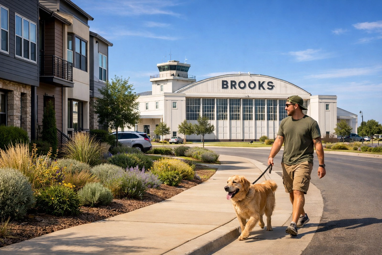 Modern townhomes in Brooks San Antonio near a historic military hangar.