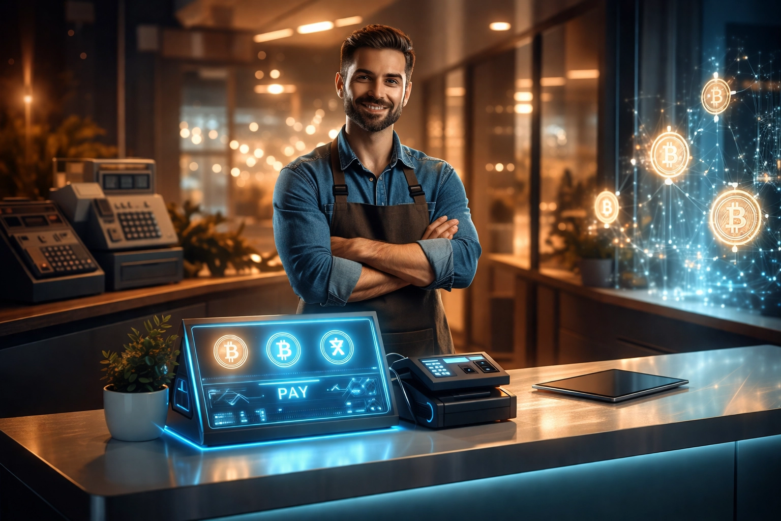 Small business owner at modern crypto POS checkout terminal showcasing the future of payment processing