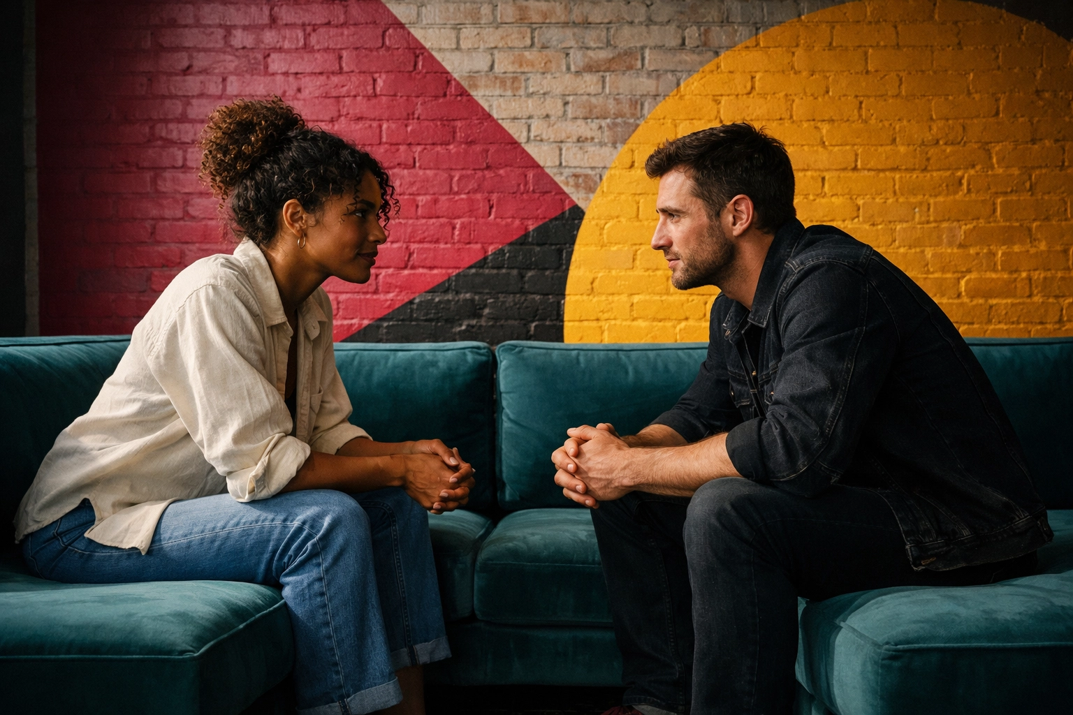 Couple engaged in healthy relationship conversation on sofa in modern urban loft