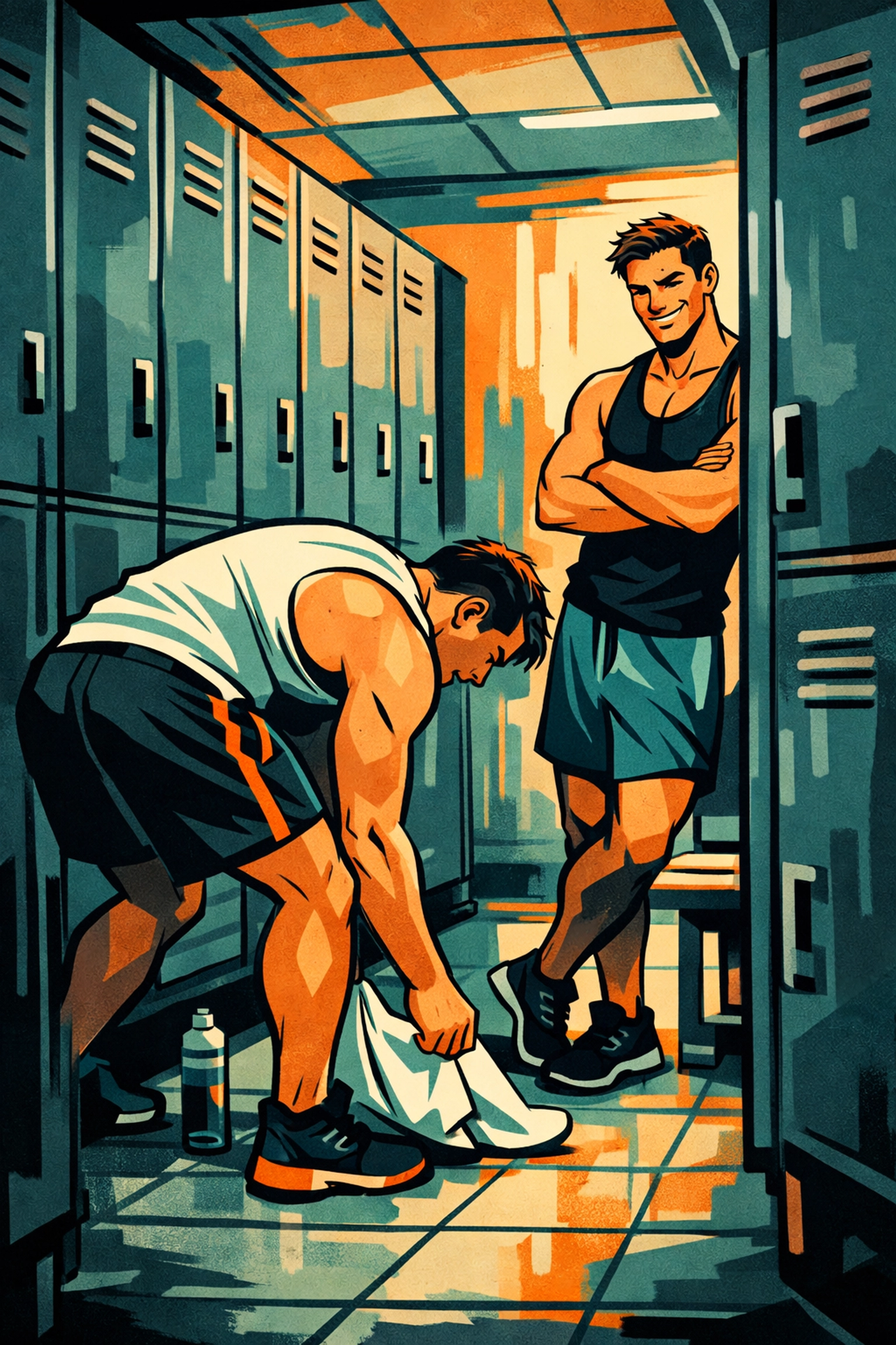 Two men flirting in gym locker room - gay romance connection moment