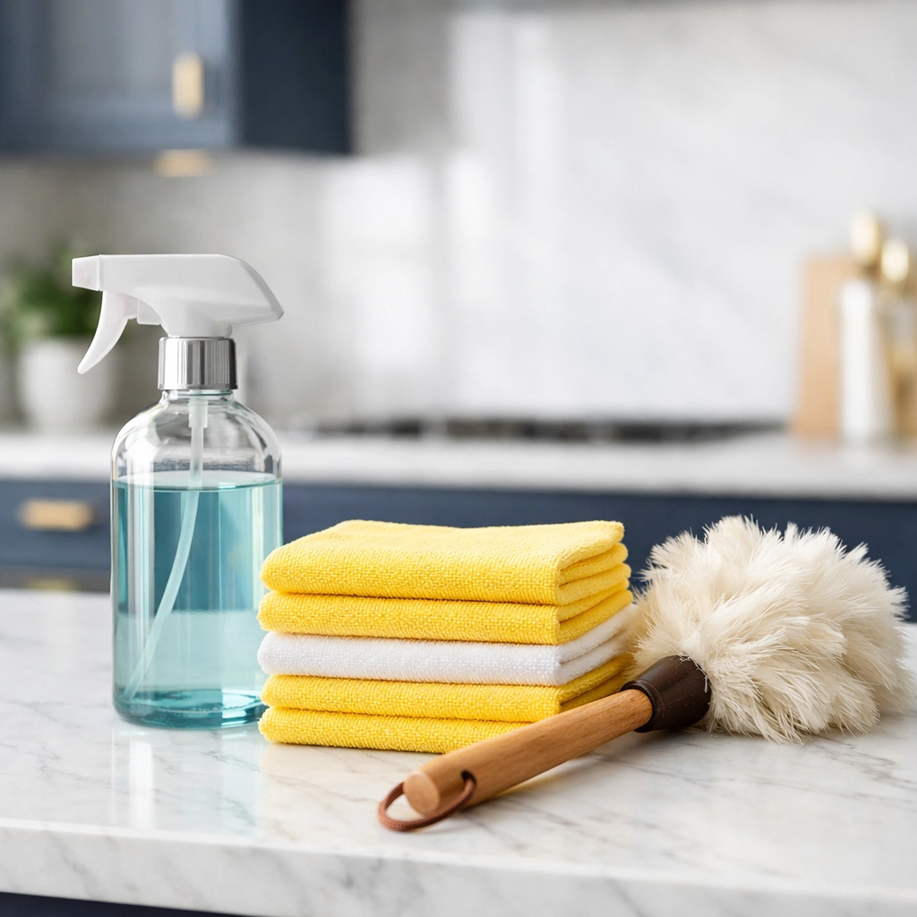 Eco-friendly toolkit for Apartment Cleaning Boston featuring yellow cloths and a duster on a marble counter.