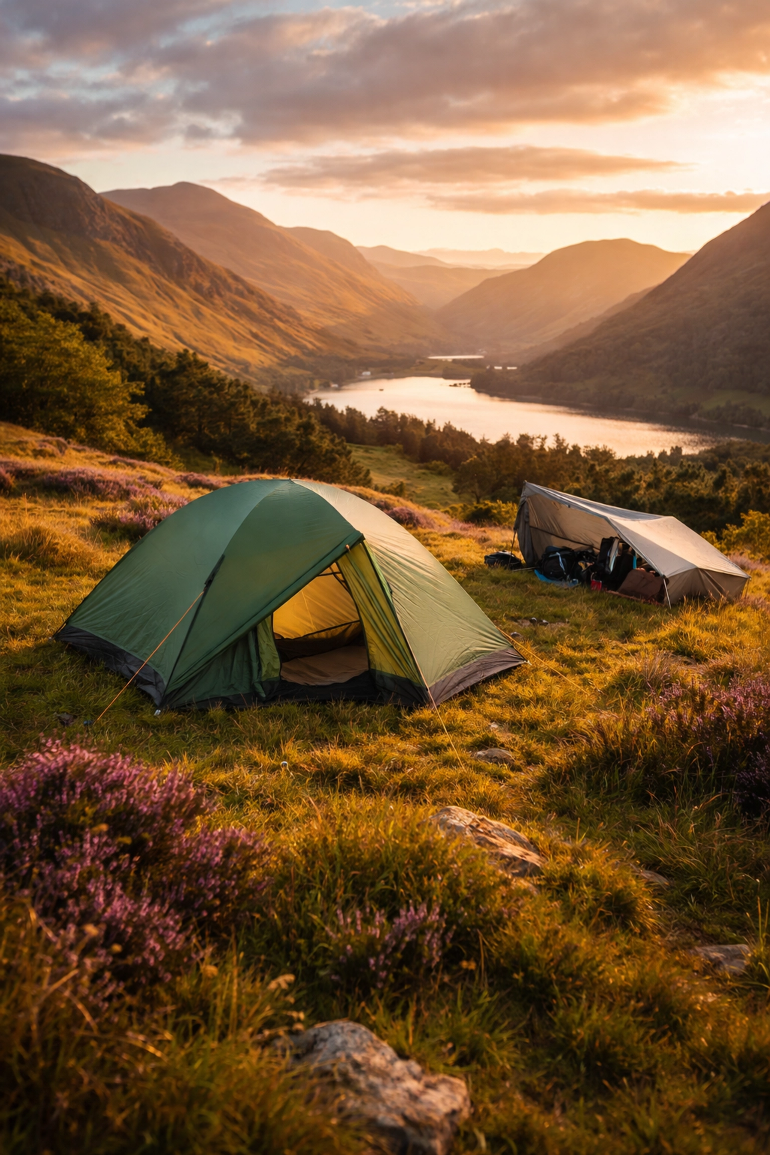 Wild camping tent and tarp set up on a grassy lake district hillside at sunset, showing proper shelter skills.