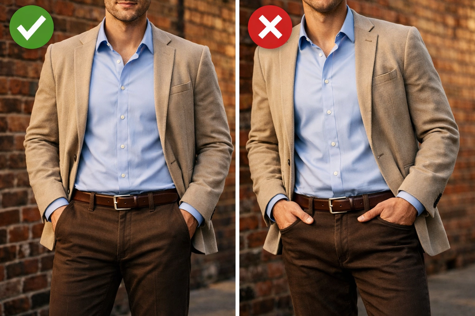 Proper hand-in-pocket posing technique comparison for professional photography sessions