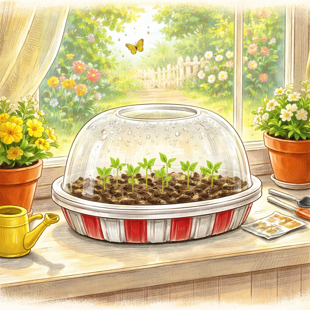 Finished mini greenhouse with green sprouts inside a chicken container on a bright windowsill