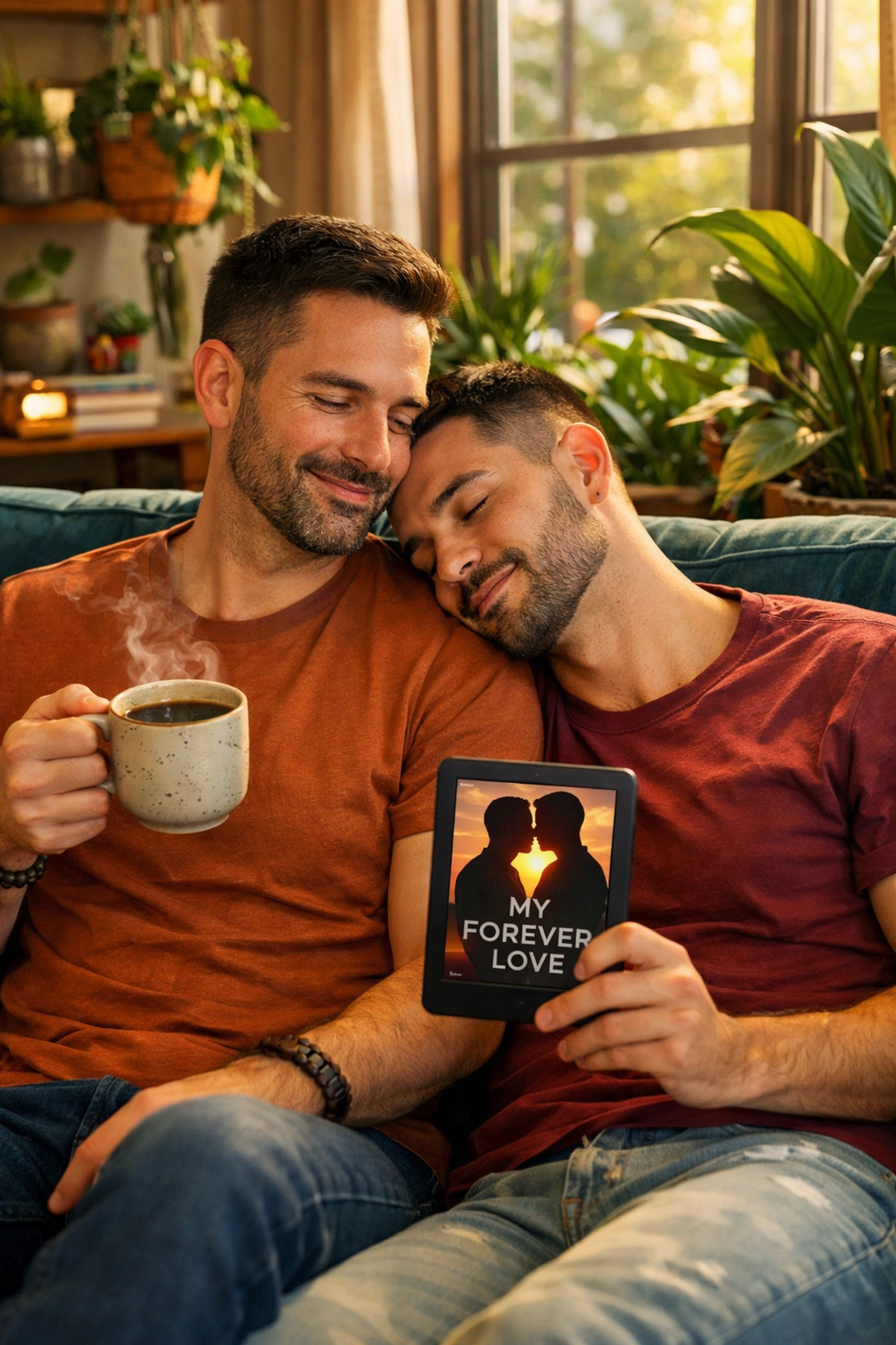 A gay couple relaxes on a sofa with coffee and an e-reader, enjoying a quiet morning ritual in a sunlit home.