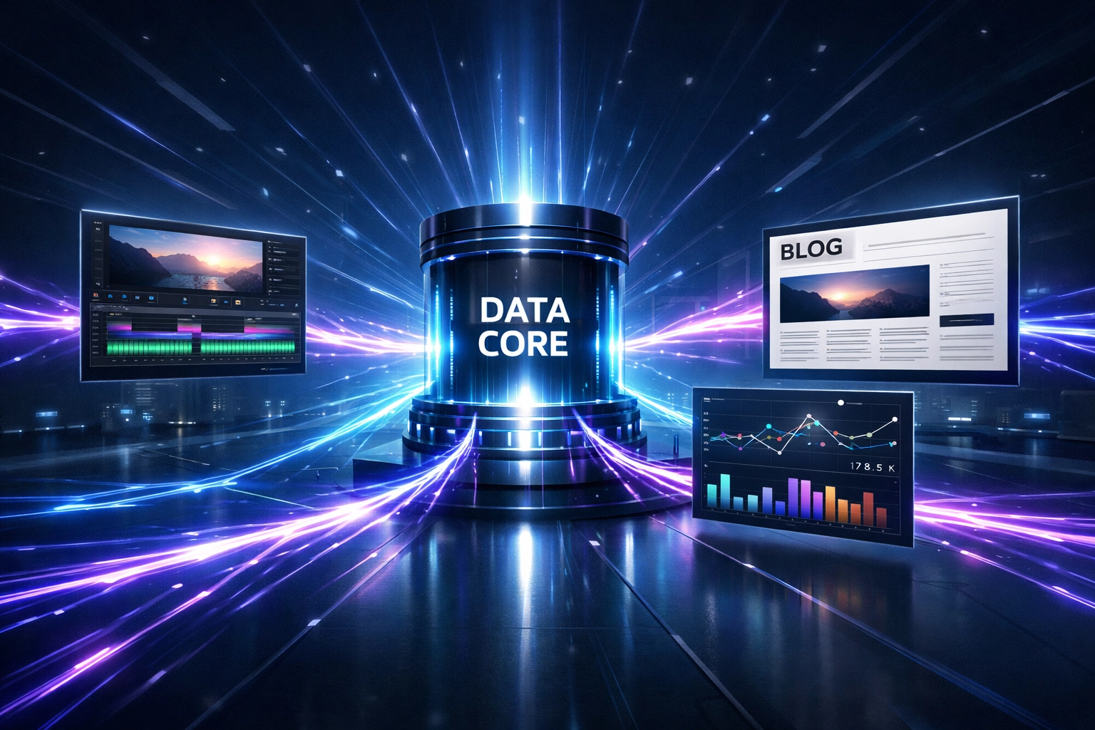 Visual representation of a multi-channel content ecosystem connecting blog posts, video, and data charts.