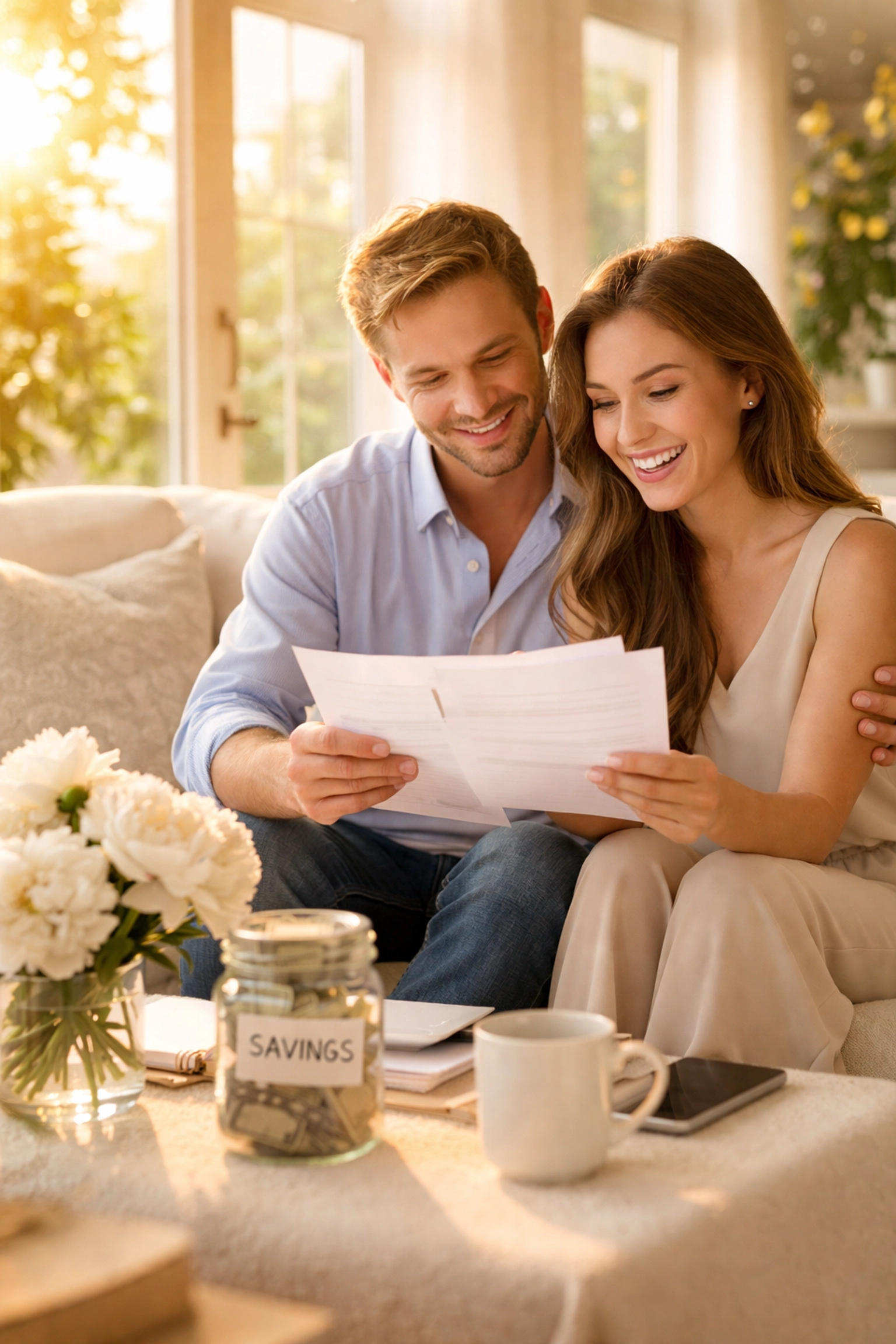 Happy couple reviewing their wedding fund savings plan together for a debt-free celebration