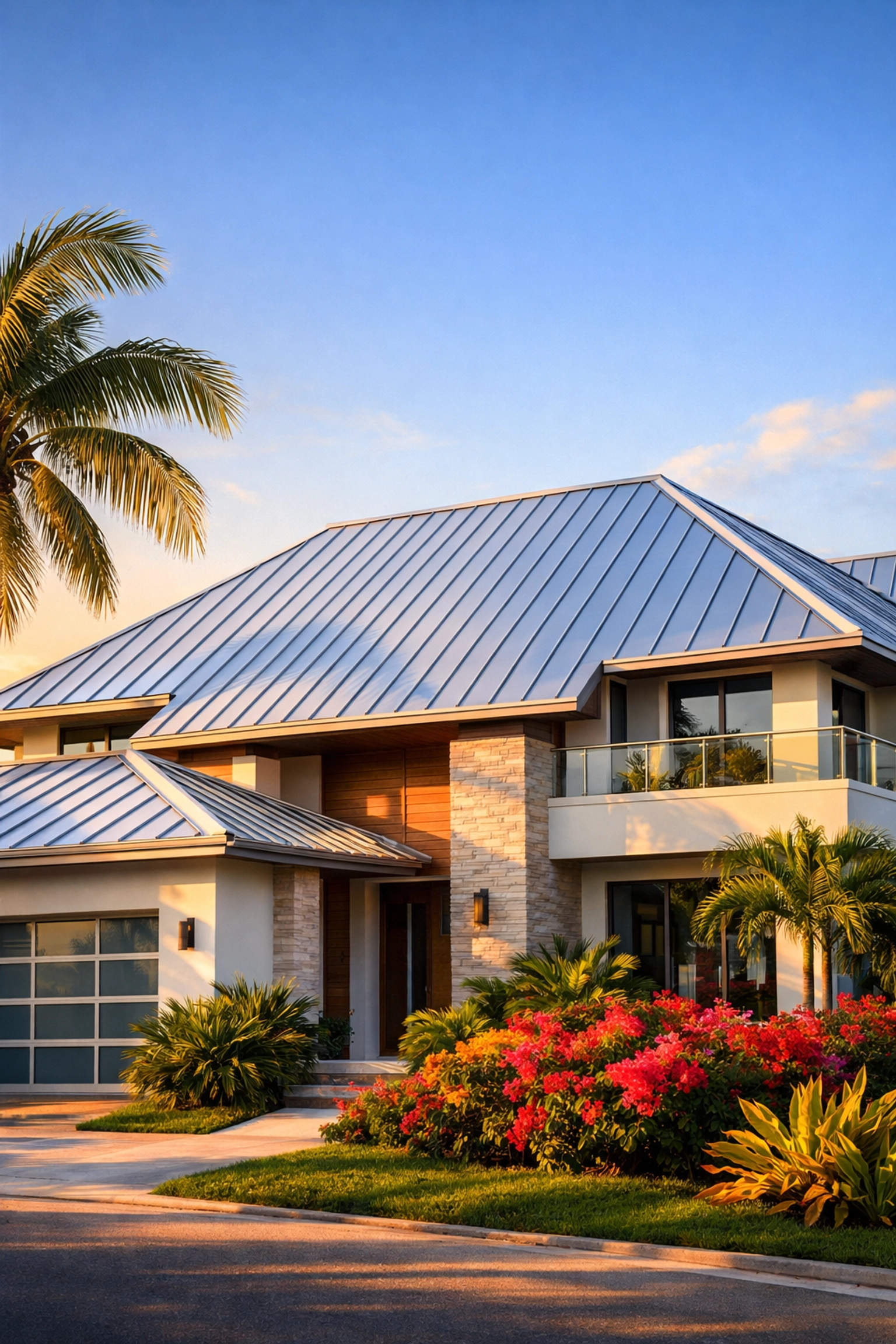 Modern Florida home featuring a silver standing seam metal roof with tropical landscaping