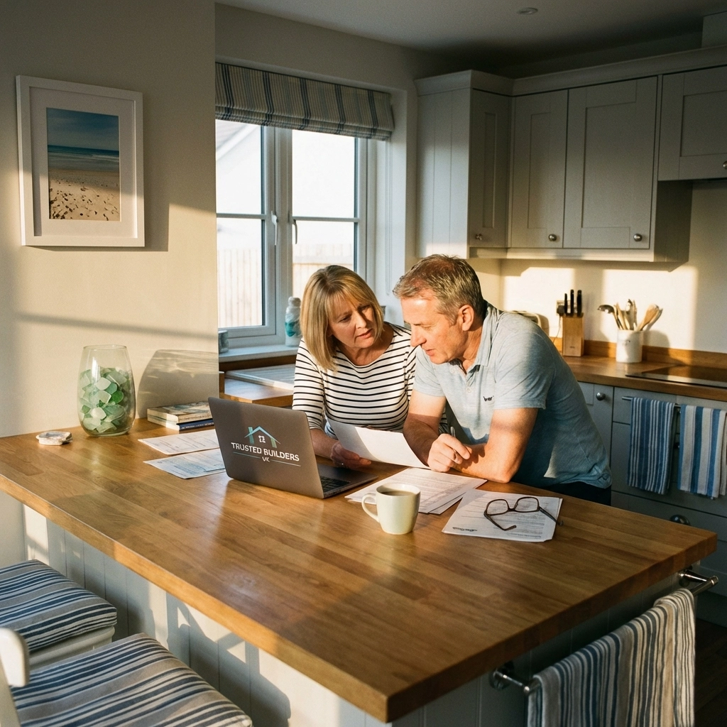 Homeowner couple researching Bognor Regis builders at kitchen table with documents and laptop