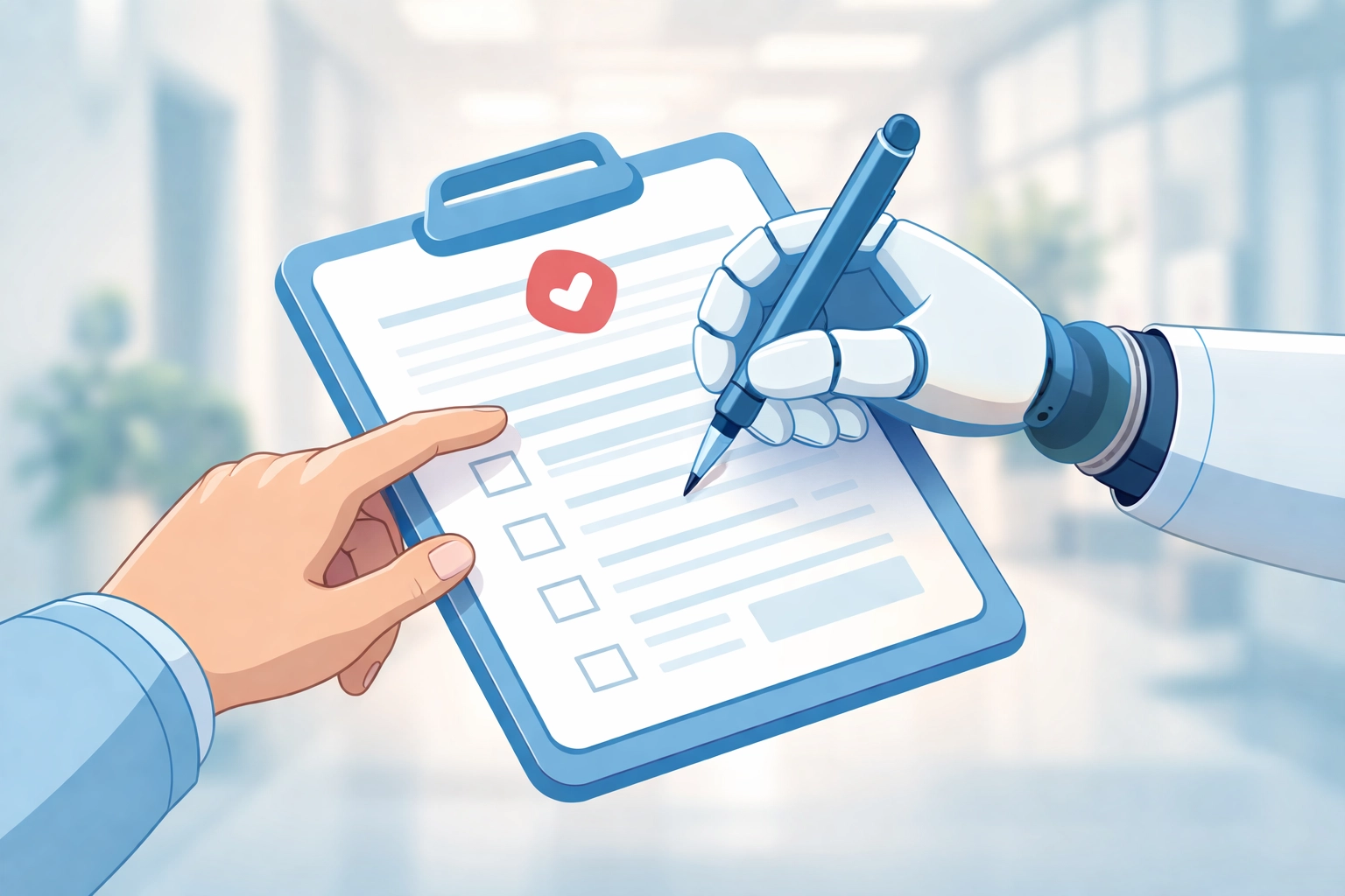 Robot and human hands collaborating on a clipboard, emphasizing teamwork with AI admissions software in skilled nursing.