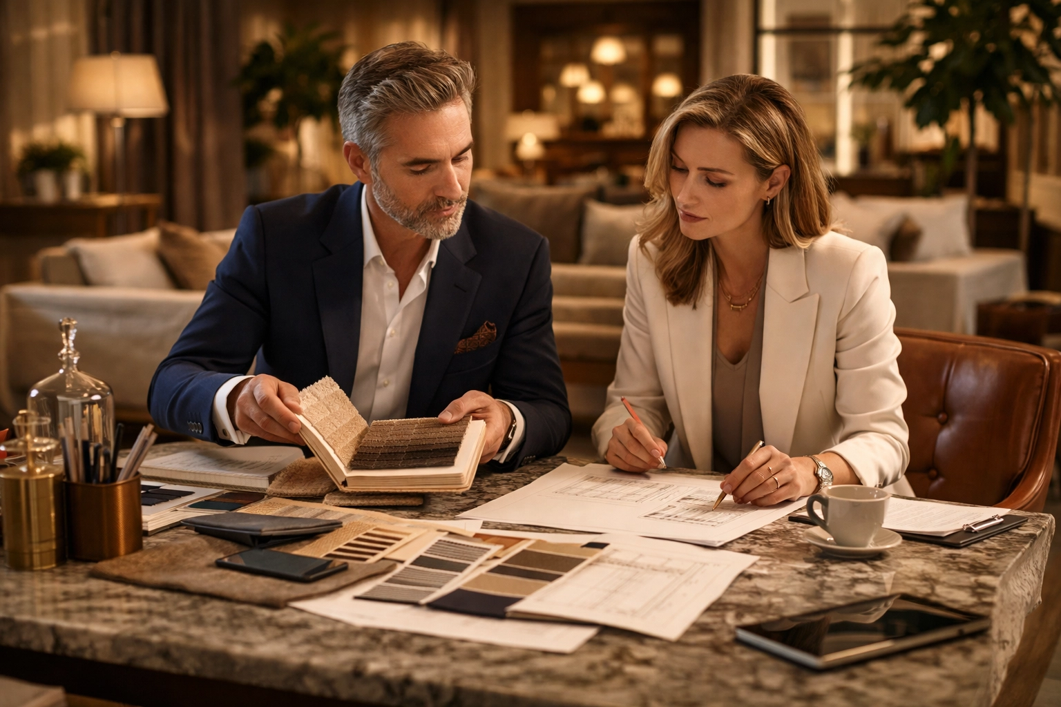 Trade professionals consulting over fabric samples in a luxury furniture showroom, highlighting custom furniture solutions
