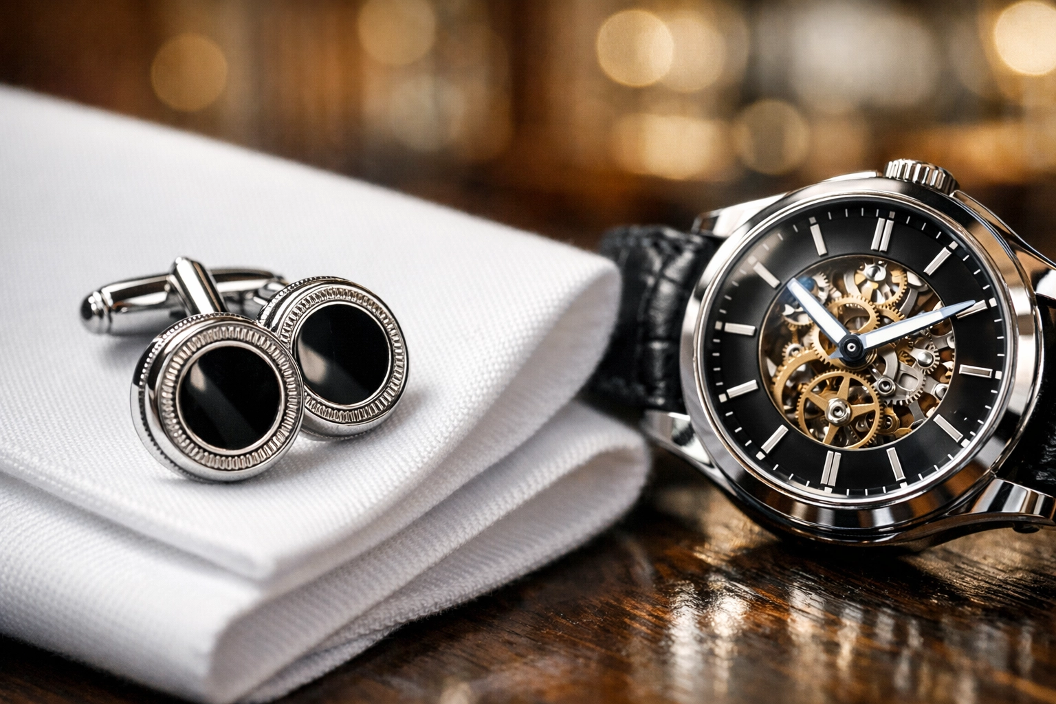 High-end cufflinks and luxury watch detail, emphasizing sophisticated sports marketing and quiet luxury.