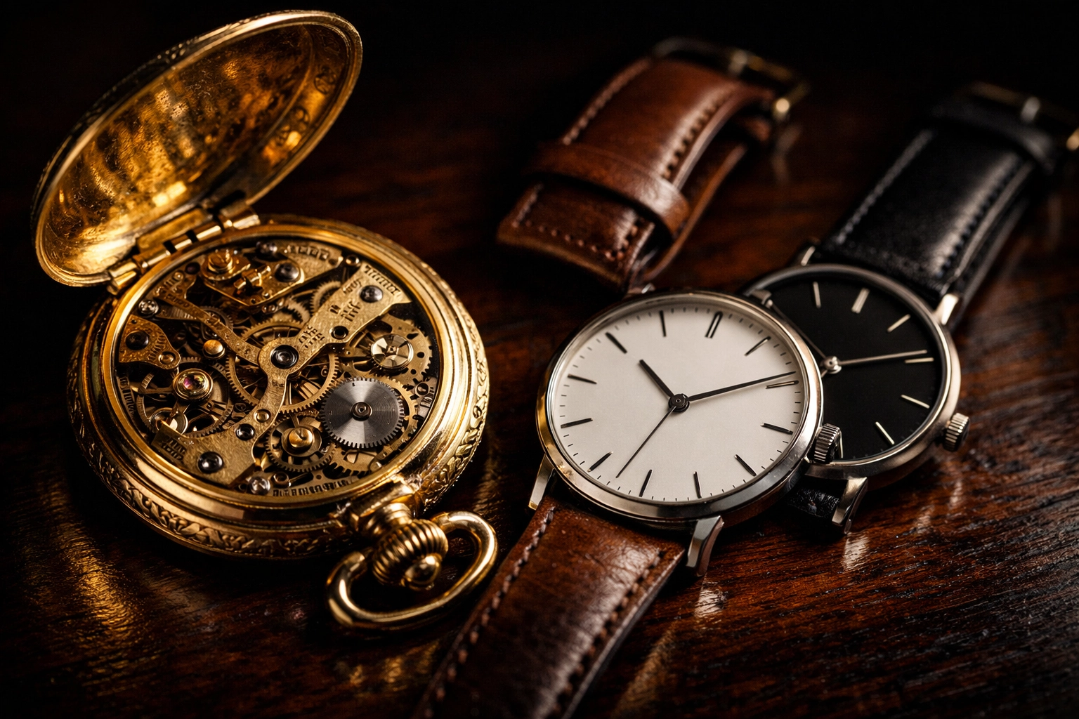 Antique gold pocket watch and wristwatches found at a thrift store for eBay reselling.