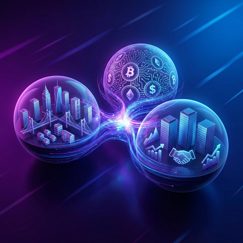 Real estate, crypto, and private equity icons merging with light streams symbolize asset class convergence in modern portfolios