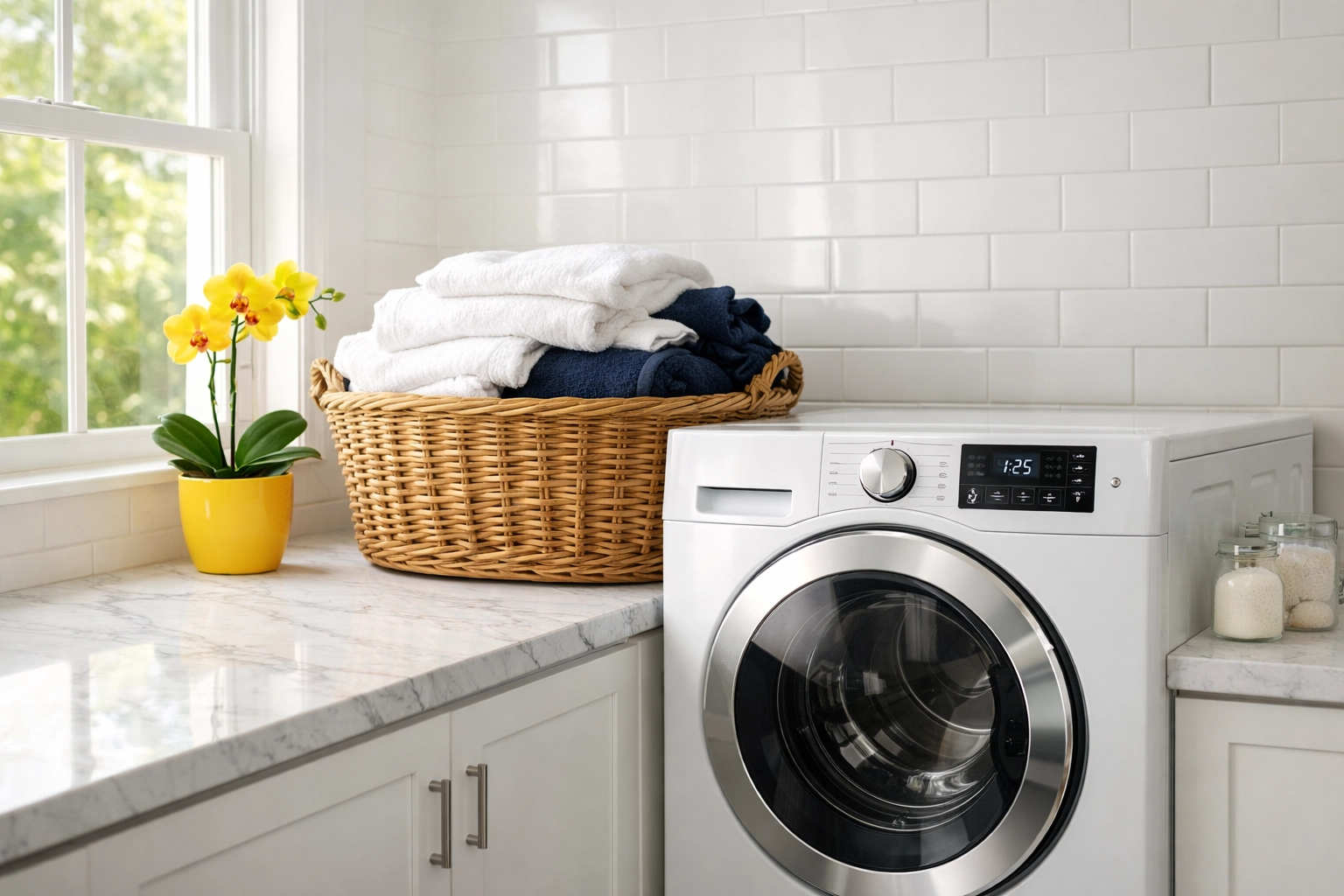 Modern washing machine and a full basket of laundry in a bright, eco-friendly home laundry room.