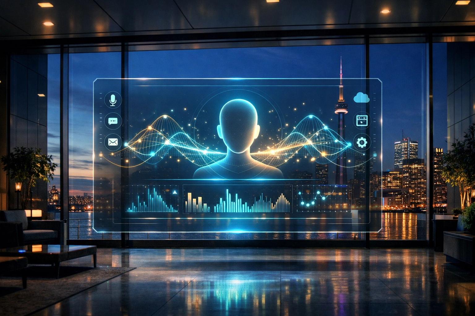 AI digital assistant interface in a modern Toronto commercial real estate office lobby at twilight.