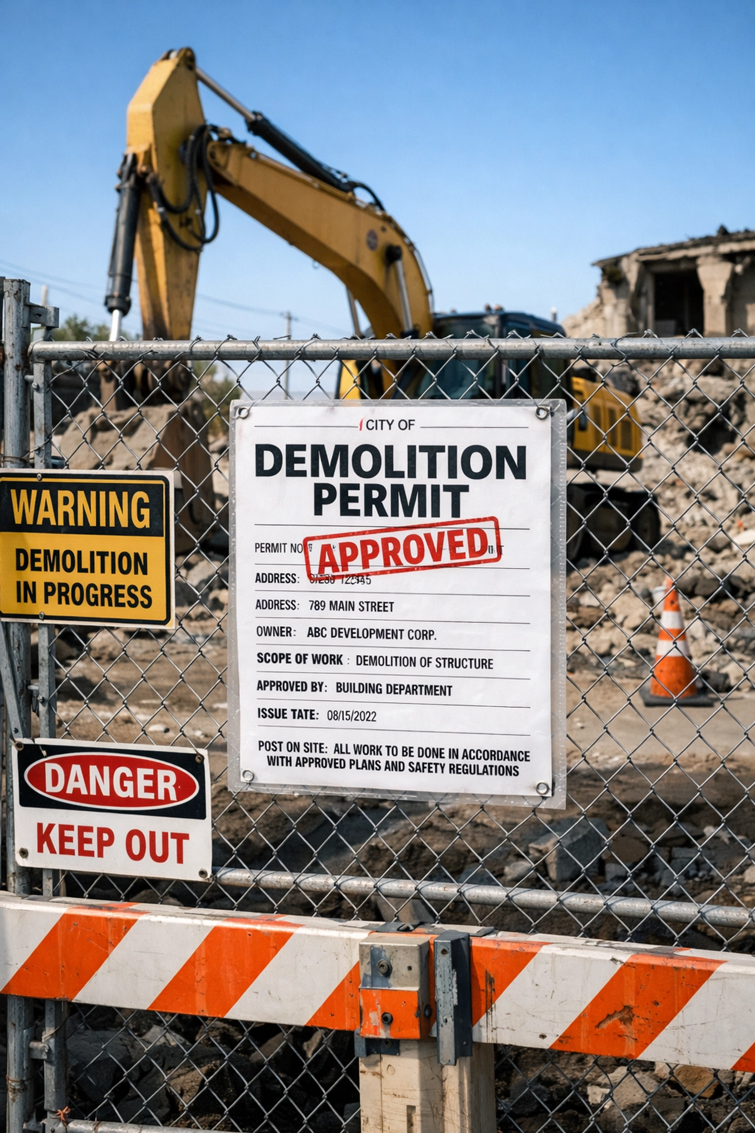 Approved demolition permit displayed at job site with excavator equipment in North Carolina