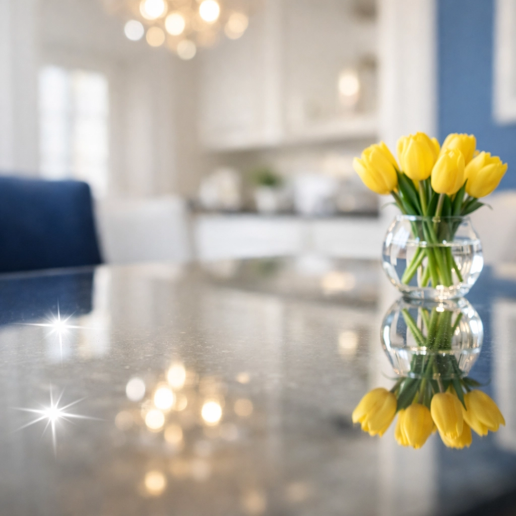 A sparkling clean reflection on a glass table showing elite attention to detail in Middleton.