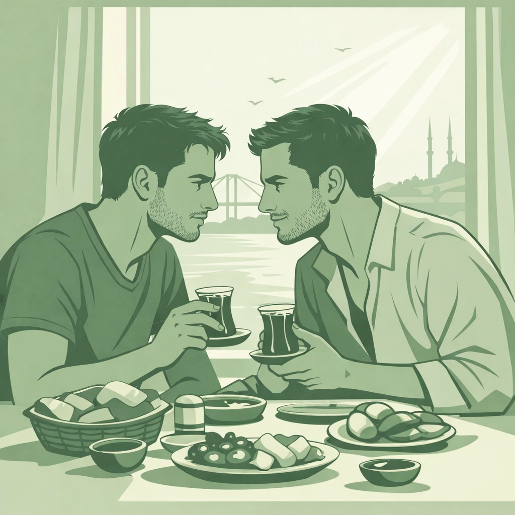 Step-brothers sharing Turkish tea at breakfast table with Bosphorus view - MM romance tension
