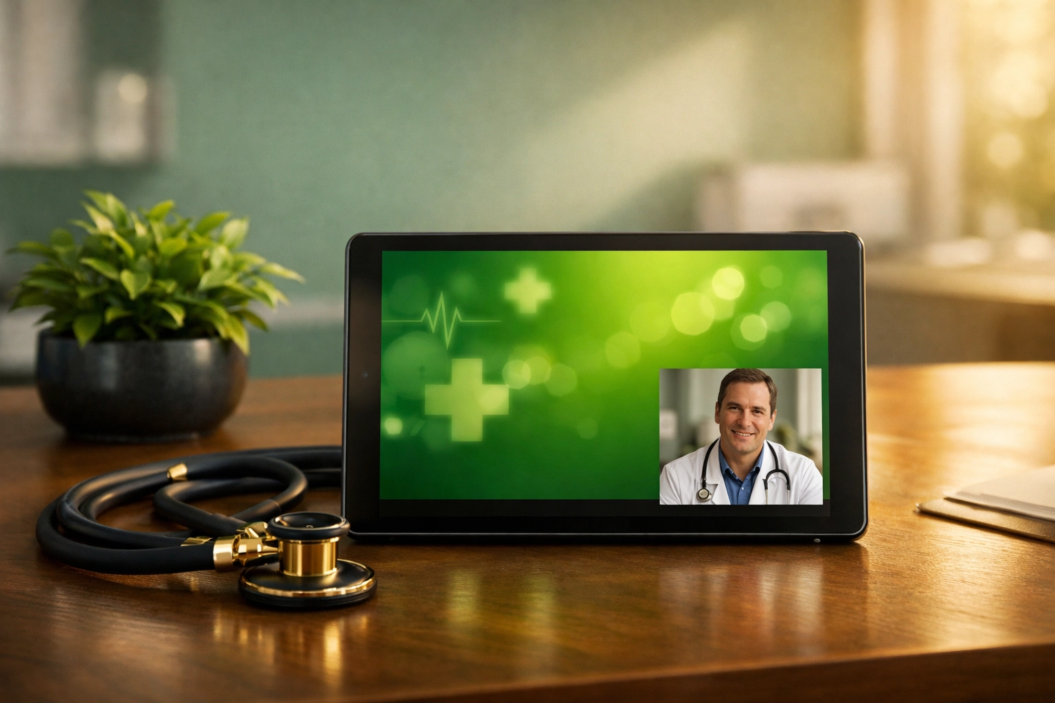 Professional medical workspace with a tablet for a telehealth consultation to get a medical marijuana card online.