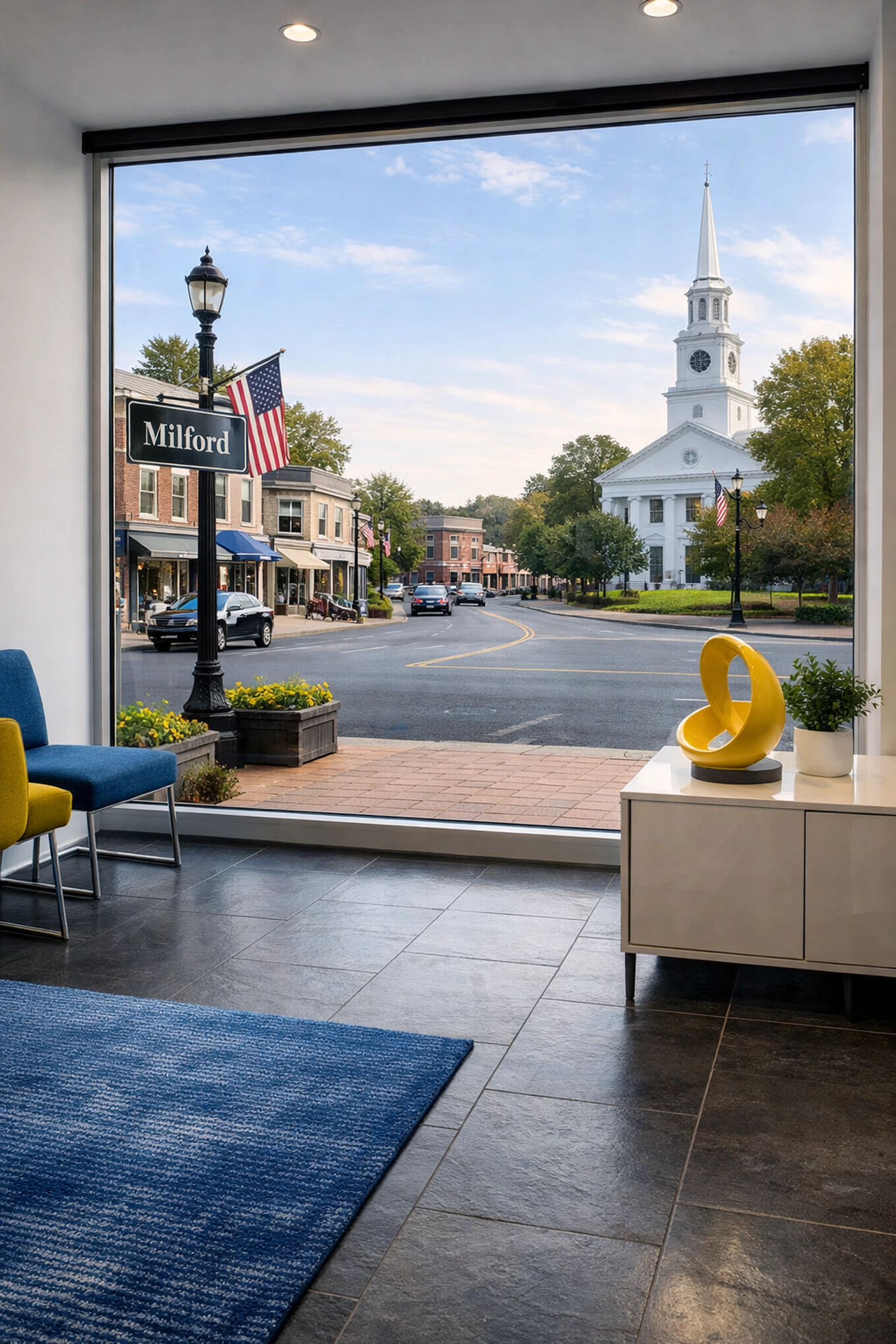 Pristine Milford office interior with streak-free windows following a commercial cleaning in Milford service.