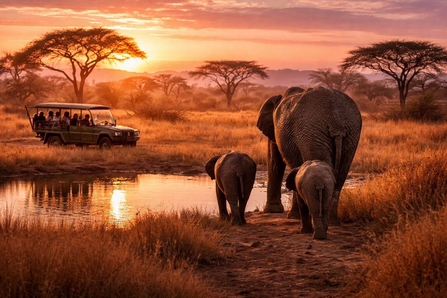 Elephant family at sunrise near a watering hole in South Africa, ideal for an affordable luxury safari adventure.