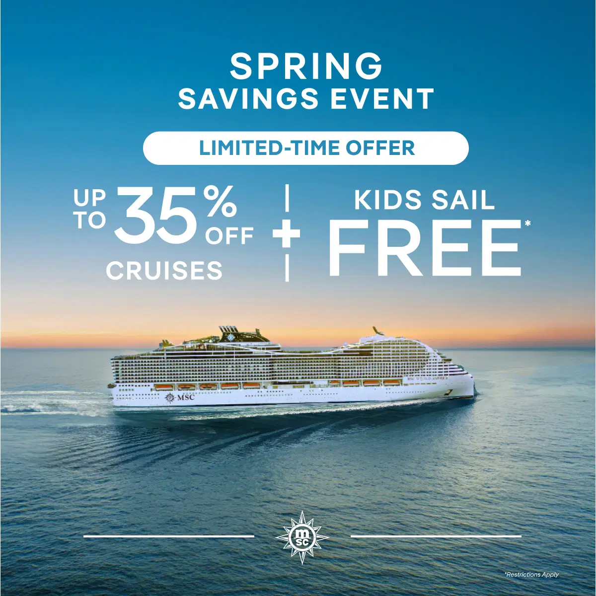 Promotional image for MSC Cruises showing a luxury cruise ship sailing at sunset