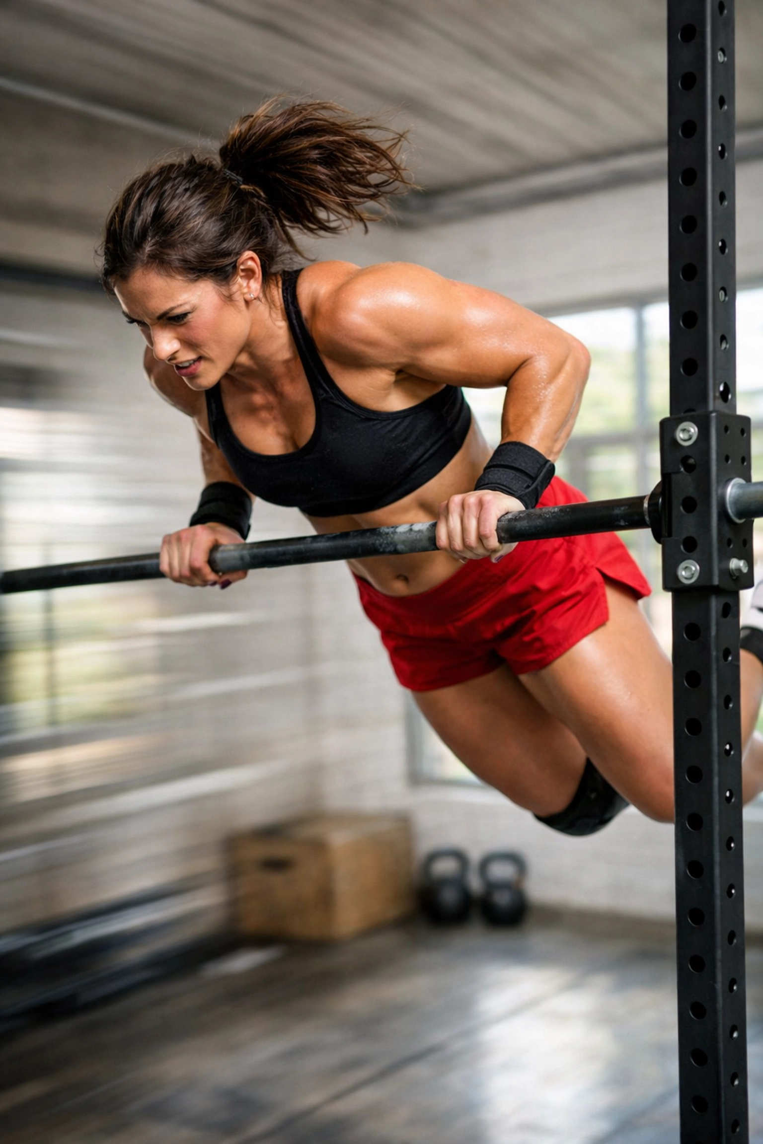 CrossFit athlete doing bar muscle-up on floor-to-ceiling pull-up bar in home gym
