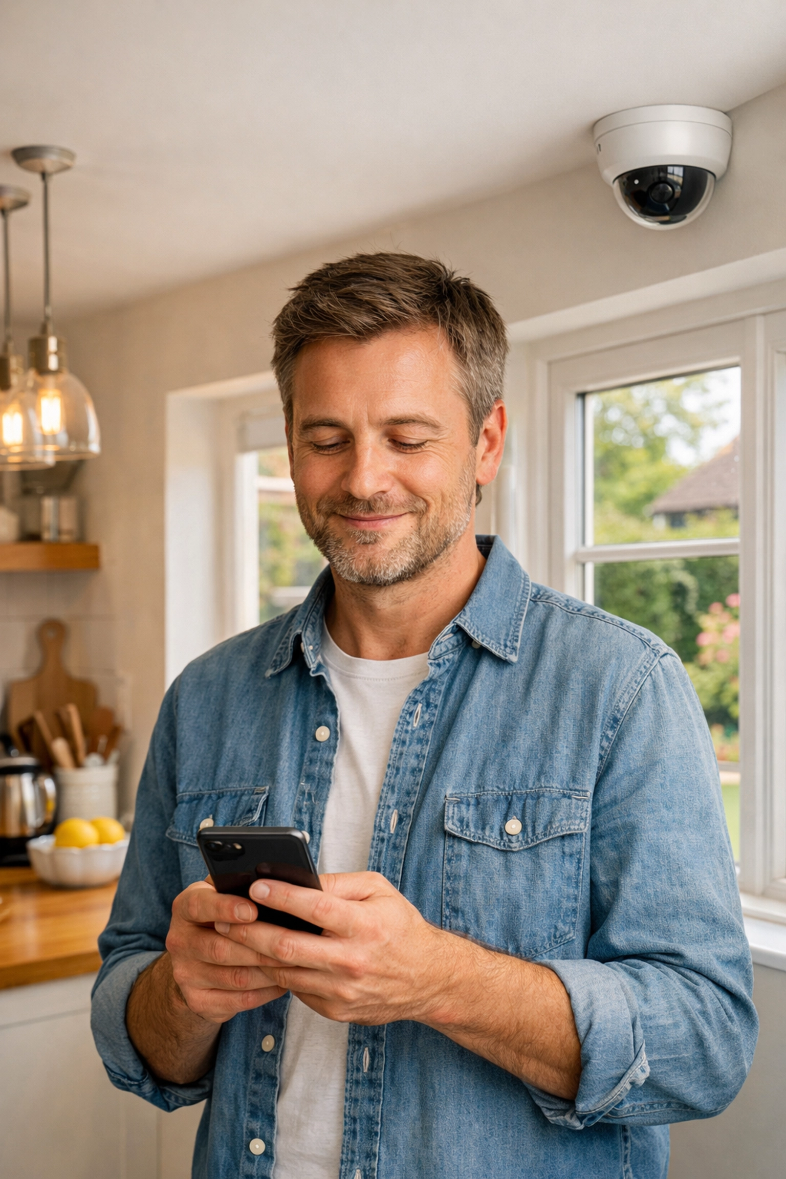 Homeowner checking Banbury home security system on smartphone with discreet indoor CCTV camera.